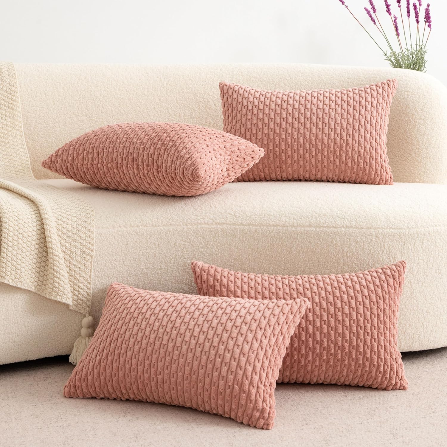 UGASA – Funda de almohada decorativa de pana suave de 12 x 20 pulgadas, estilo bohemio, a rayas, rectangular, decoración moderna del hogar para