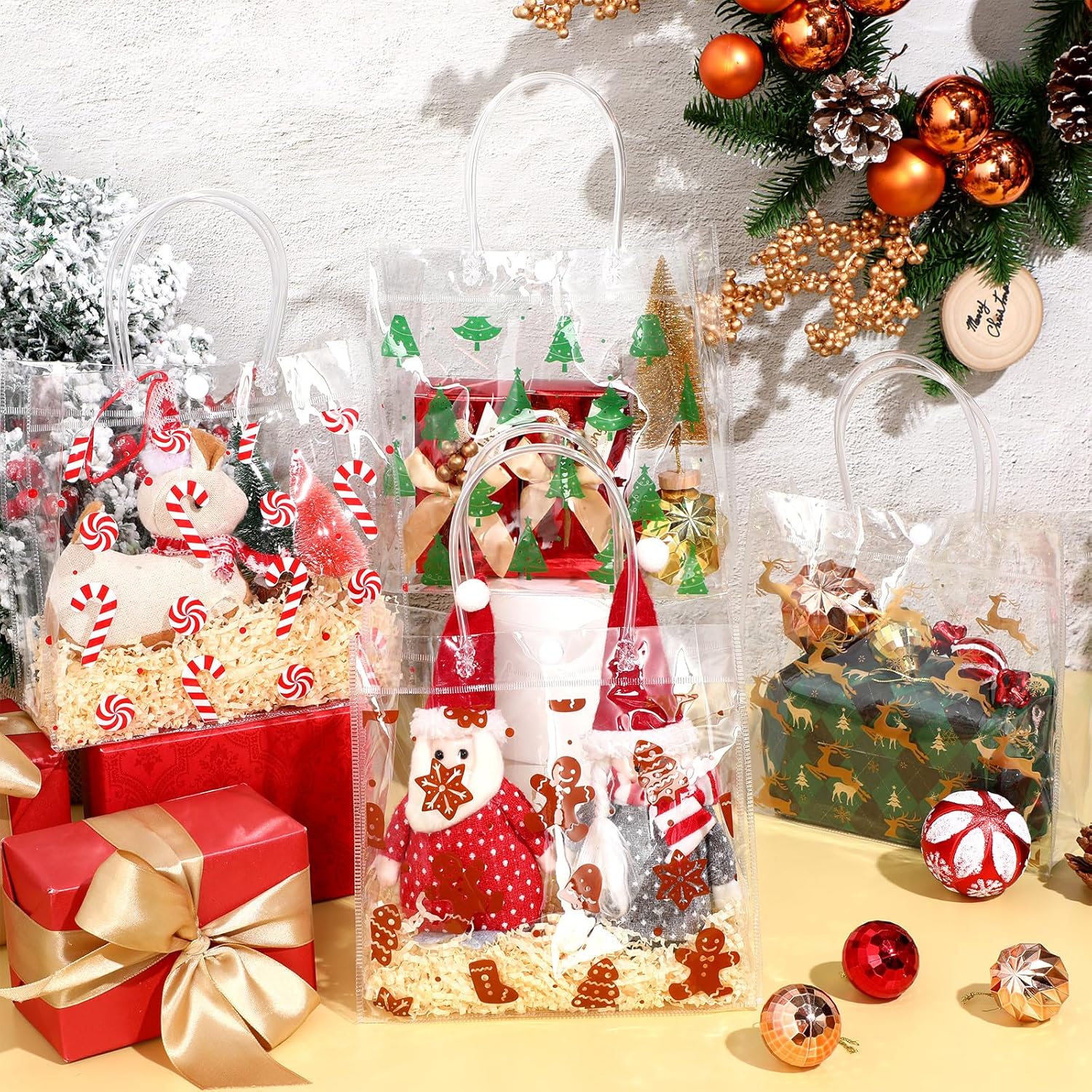 Zhanmai 24 bolsas de regalo de plástico transparente de Navidad con asa, bolsas reutilizables para envolver regalo, árbol de Navidad, pan de