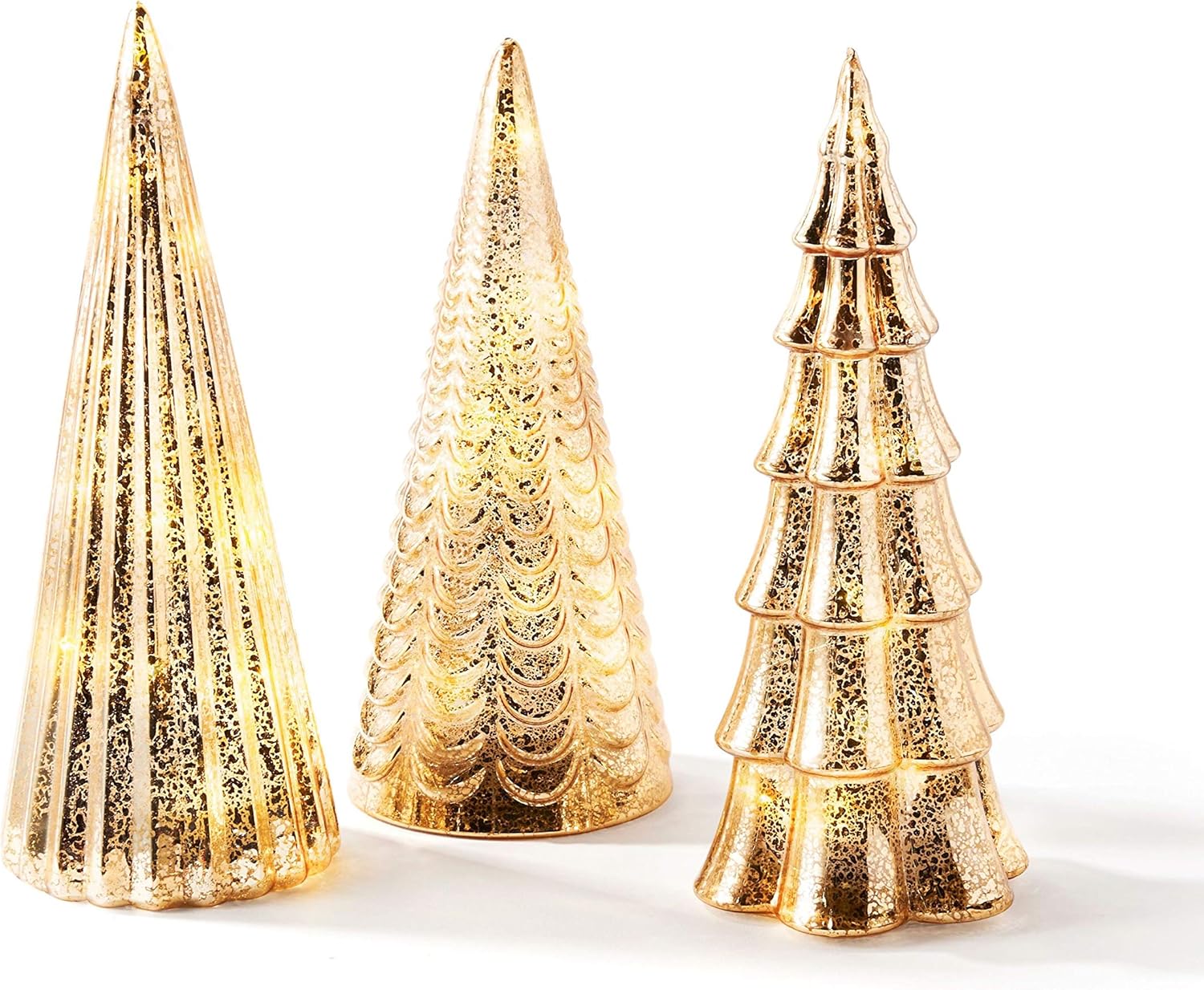 Decoración para árbol de Navidad con luces de hadas, juego de 3 árboles surtidos, 10 pulgadas de alto, acabado de mercurio dorado champán, pilas