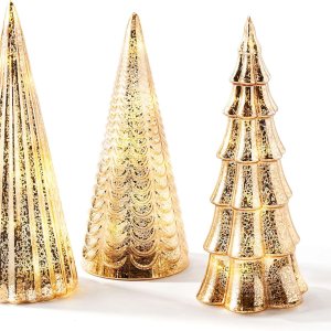 Decoración para árbol de Navidad con luces de hadas, juego de 3 árboles surtidos, 10 pulgadas de alto, acabado de mercurio dorado champán, pilas Decoración para árbol de Navidad con luces de hadas, juego de 3 árboles surtidos, 10 pulgadas de alto, acabado de mercurio dorado champán, pilas