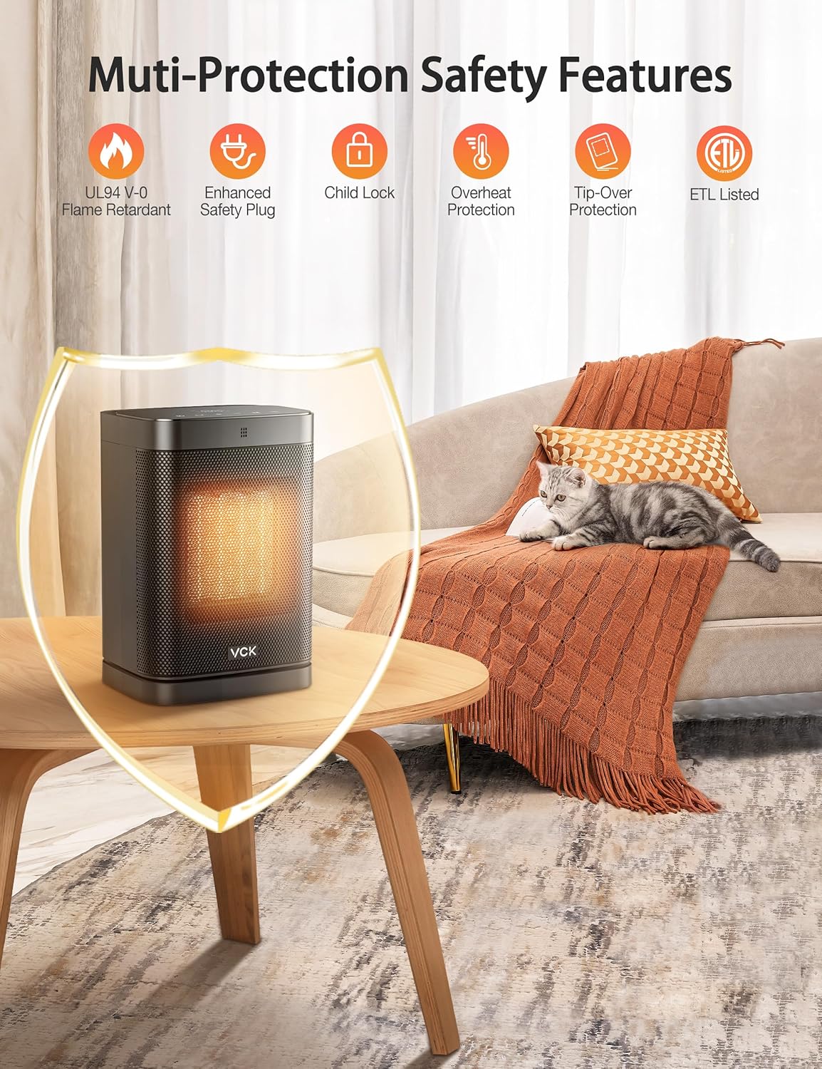 Calentadores de espacio para uso en interiores, calentador portátil VCK con oscilación de 80, calentador eléctrico PTC de 1500 W con termostato,