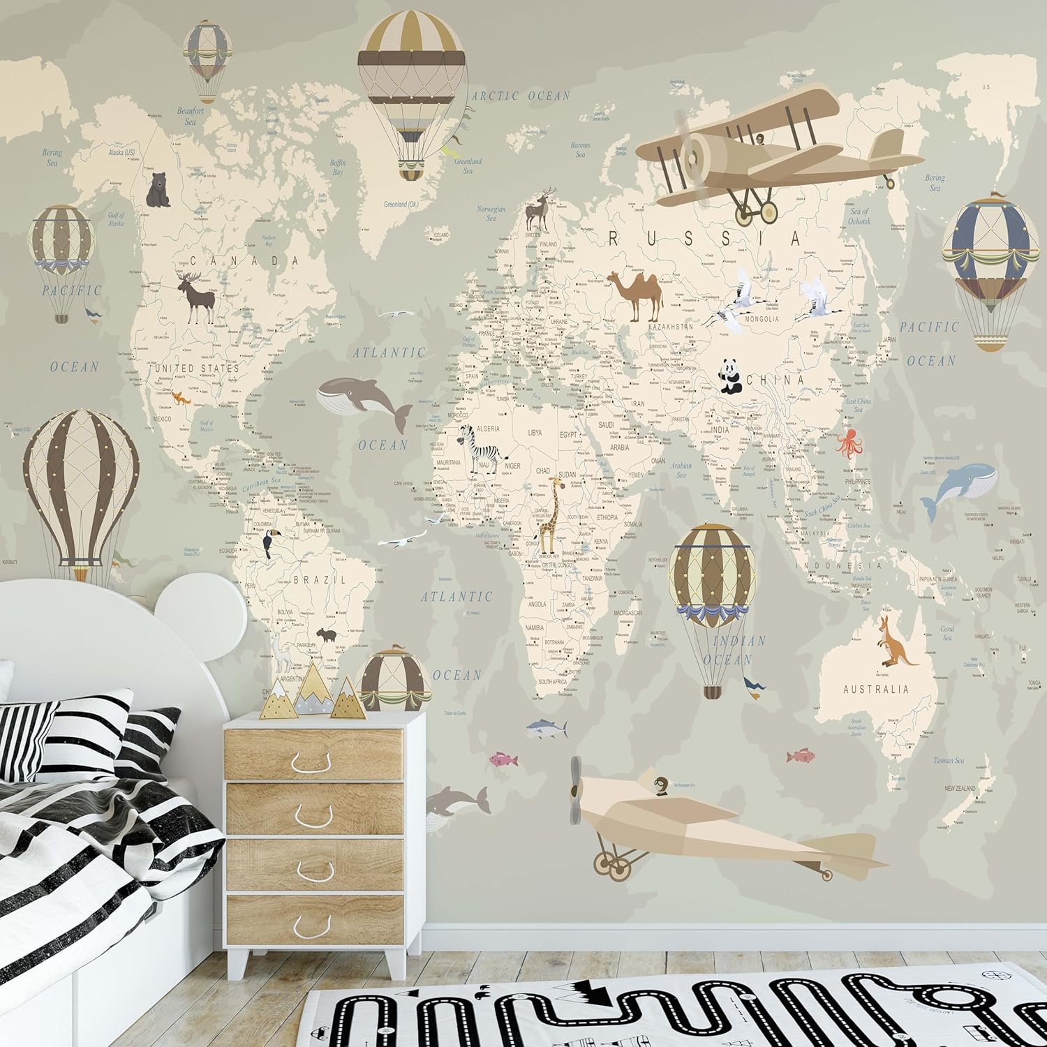 Papel tapiz autoadhesivo con mapa del mundo, arte de pared de vinilo removible para decoración de guardería para niños y niñas, habitación de niños,