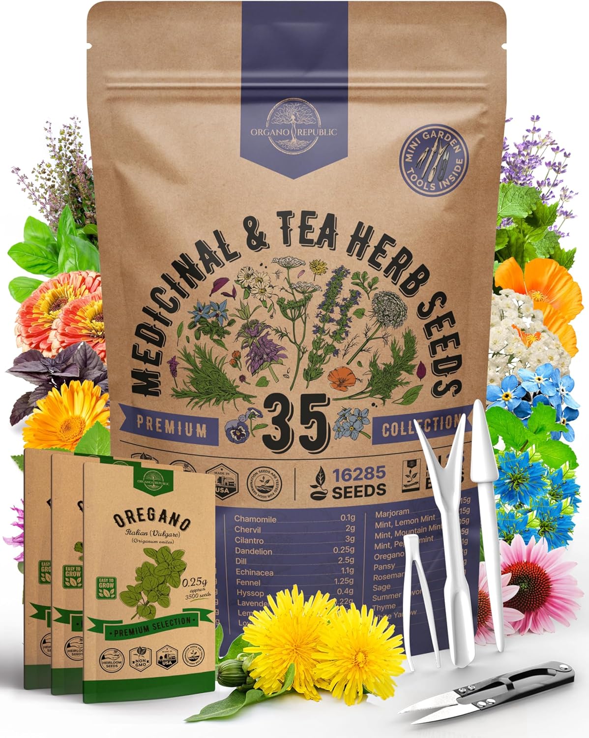 Paquete variado de 35 semillas de hierbas medicinales y de té para plantar en interiores y exteriores. Más de 8200 semillas de jardín herbales sin