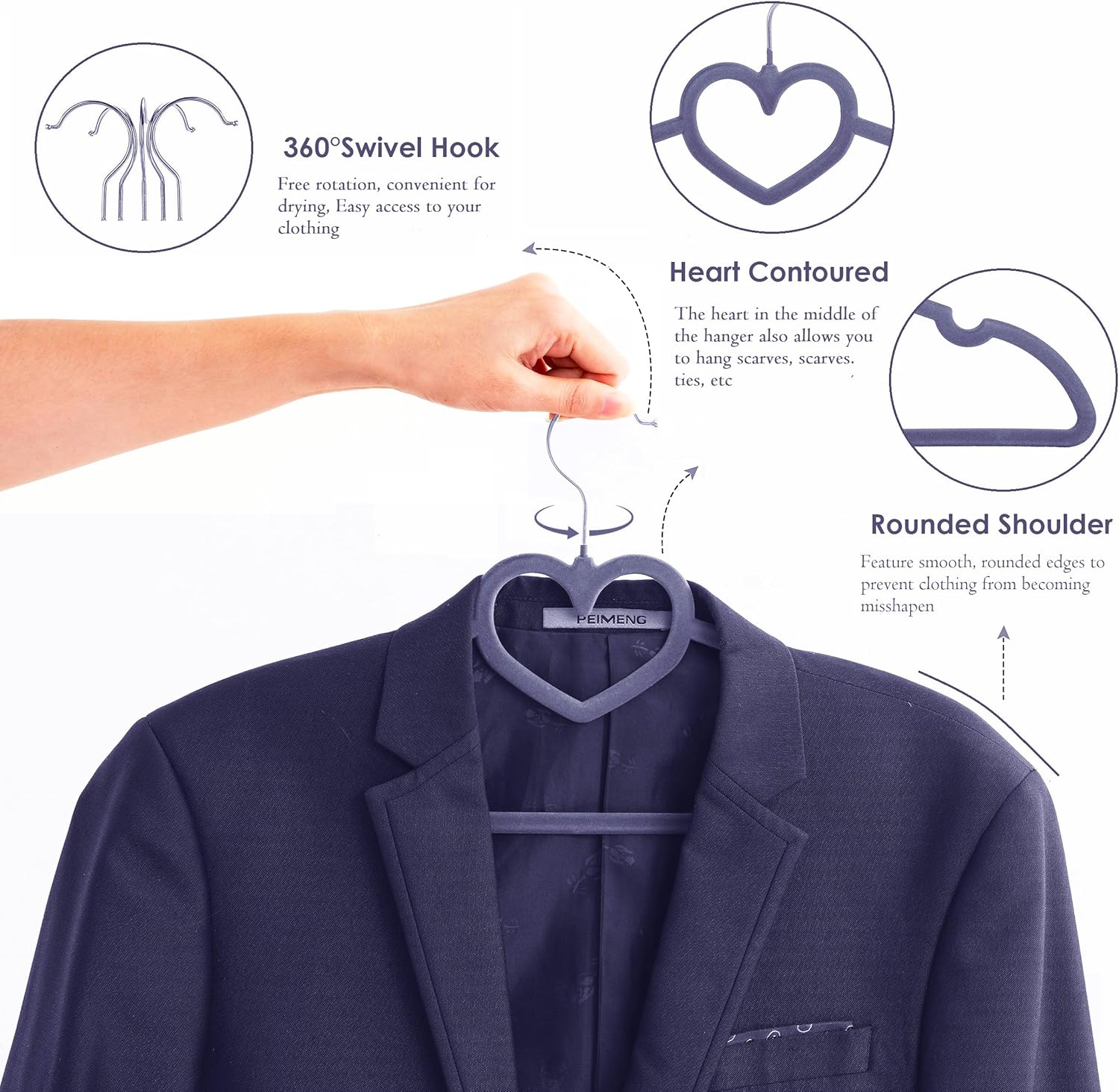 Paquete de 50 perchas de terciopelo gris, perchas antideslizantes de 16 pulgadas para adultos, colgador de ropa delgado con gancho giratorio de 360