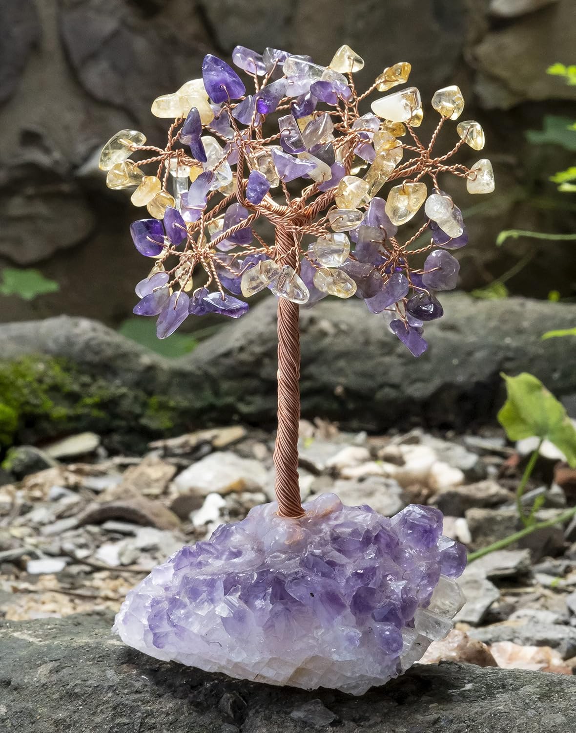 Árbol de la vida con piedras preciosas de amatista, citrina, base amatista natural, alambre de cobre bonsái de energía positiva, feng shui, dinero,
