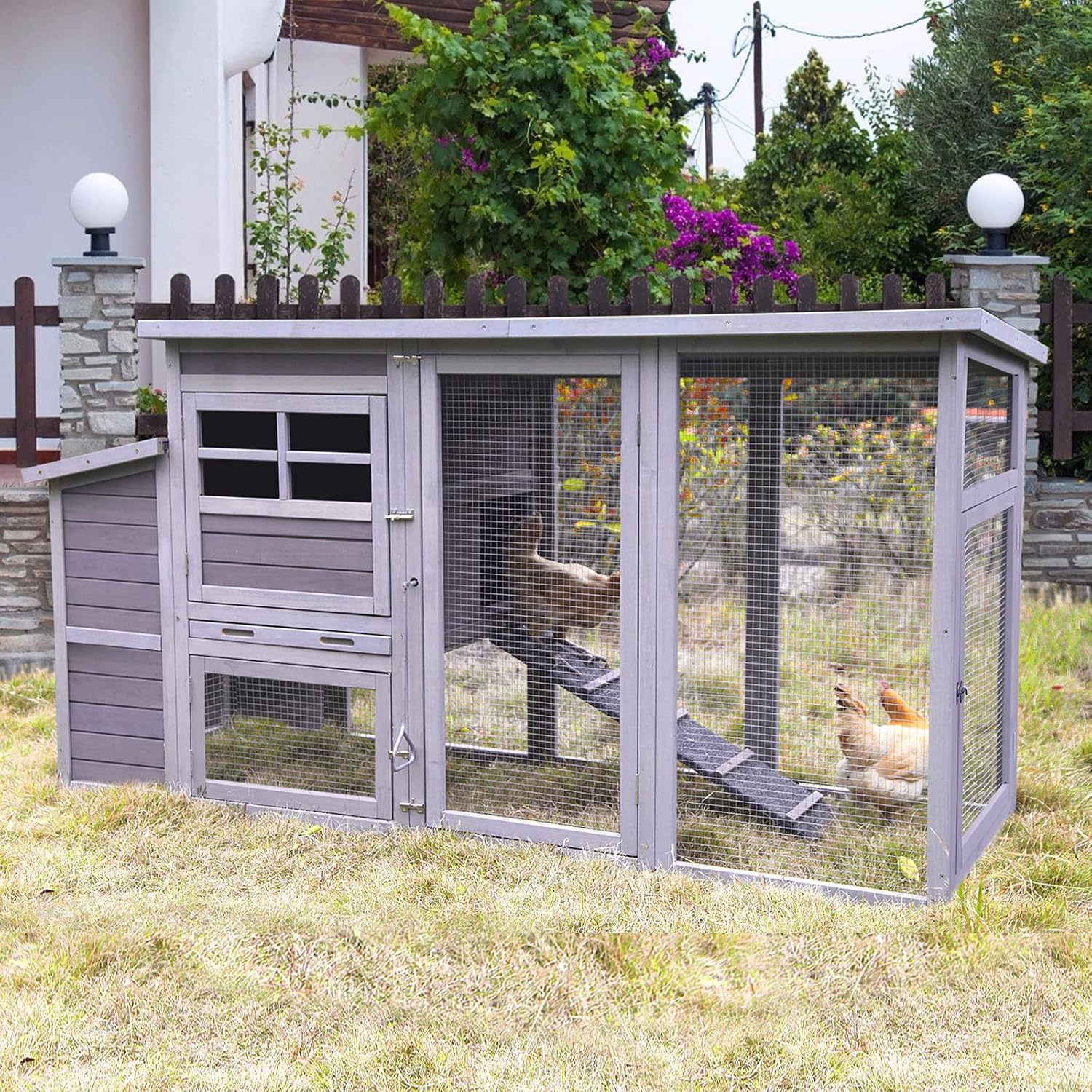 Aivituvin Jaula grande de madera para aves de corral de 78 pulgadas, gallinero con rampas, carrera, caja anidable (gris)