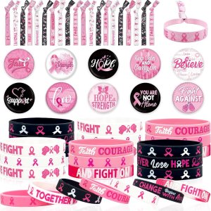 90 piezas de accesorios de concientización sobre el cáncer de mama, bandas elásticas para el cabello, insignias de botones, regalos para mujeres y 90 piezas de accesorios de concientización sobre el cáncer de mama, bandas elásticas para el cabello, insignias de botones, regalos para mujeres y