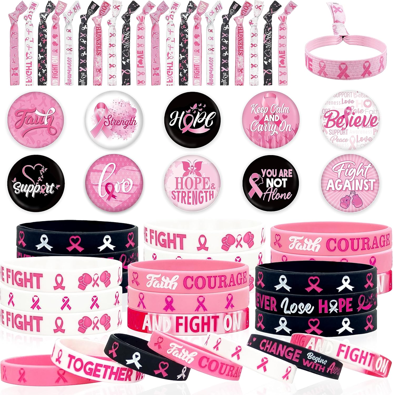 90 piezas de accesorios de concientización sobre el cáncer de mama, bandas elásticas para el cabello, insignias de botones, regalos para mujeres y