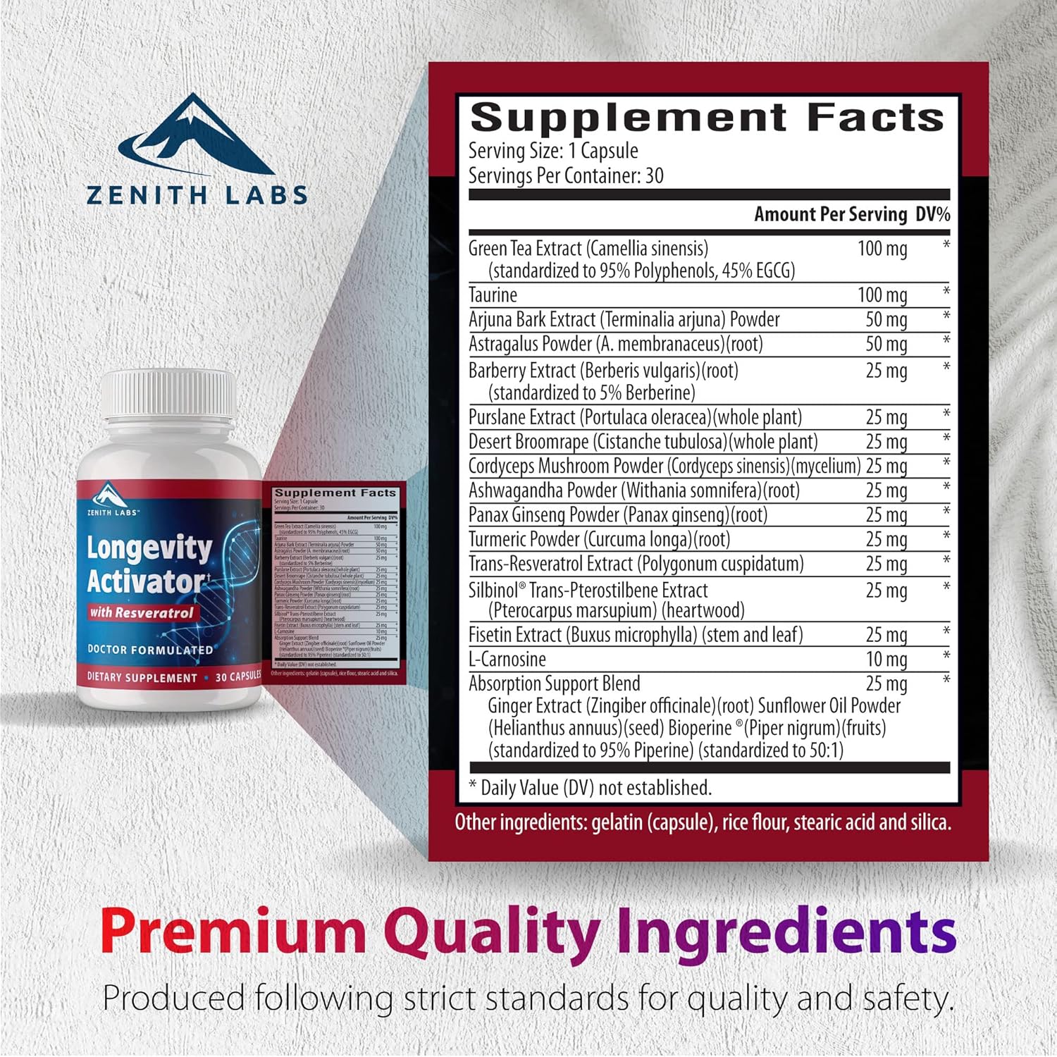 Zenith Labs Suplemento dietético activador de la longevidad antienvejecimiento, antioxidantes naturales con resveratrol, apoya la función