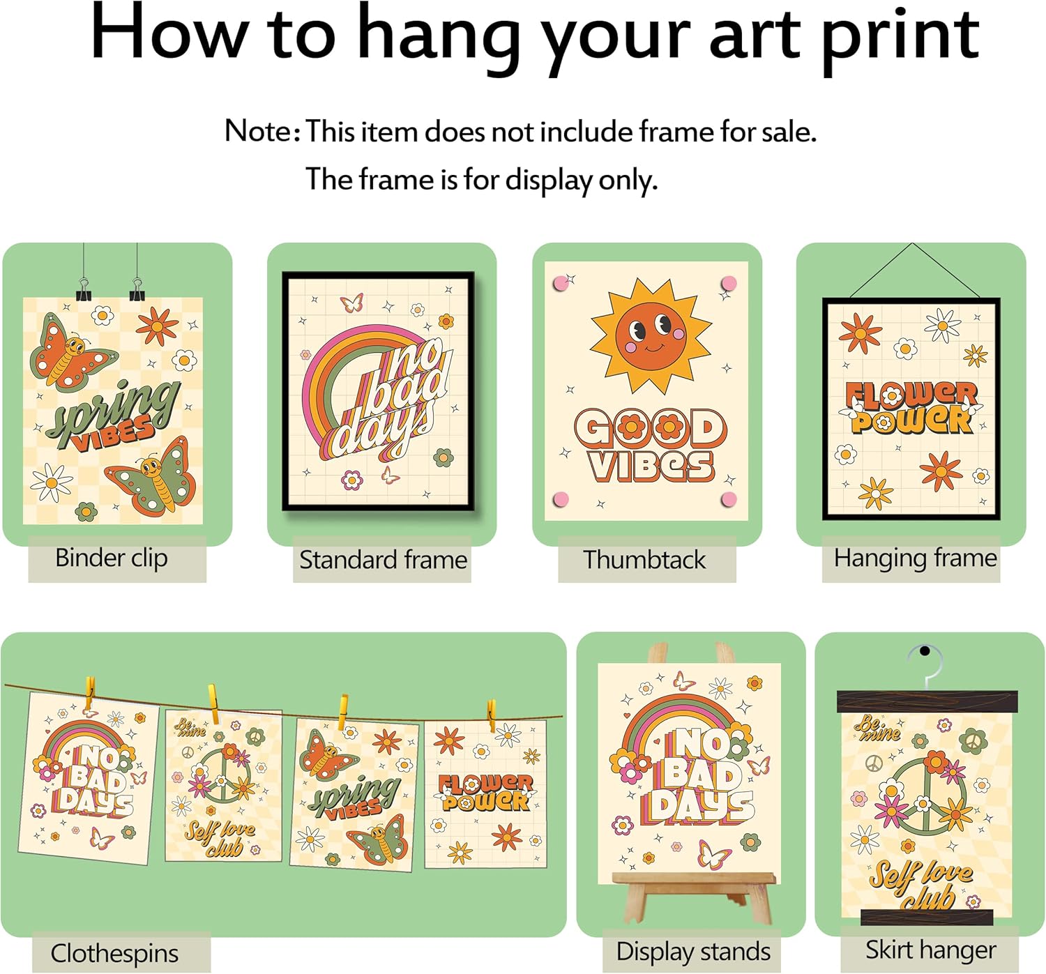 Juego de 6 impresiones de arte hippie para pared, estilo vintage, lienzo de flores hippie de los años 60 y 70, pósteres retro, abstracto,
