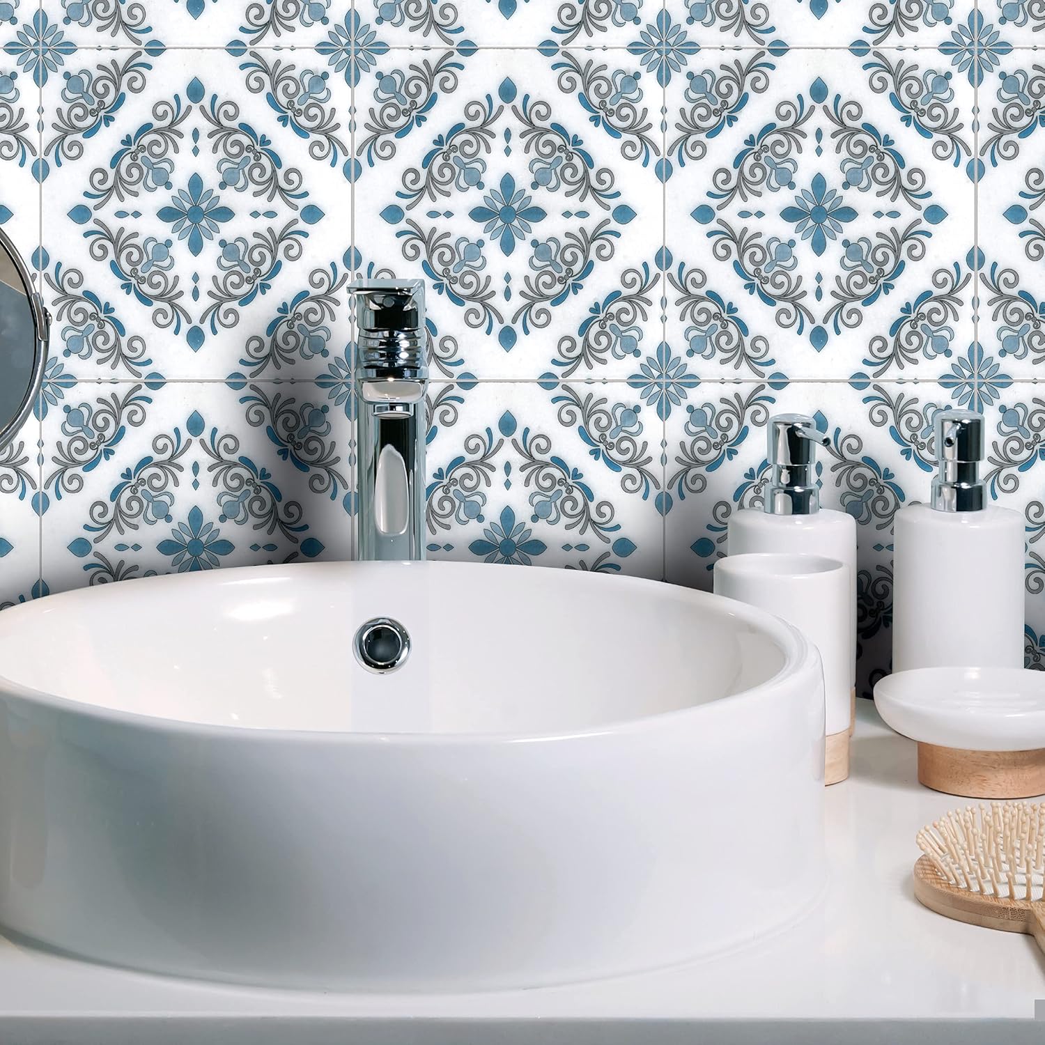 6×6 Manolo Collection Paterno 2 – Suelo decorativo de mármol para pared, color azul y gris pardo sobre mármol blanco (4)
