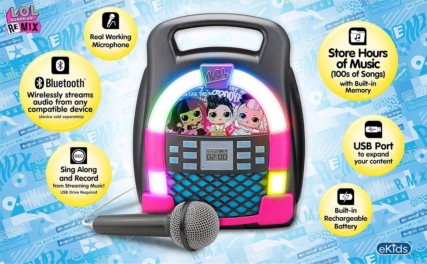 Remix OMG Máquina de karaoke Bluetooth Reproductor de MP3 portátil con espectáculo de luces LED de discoteca, almacena horas de música con memoria