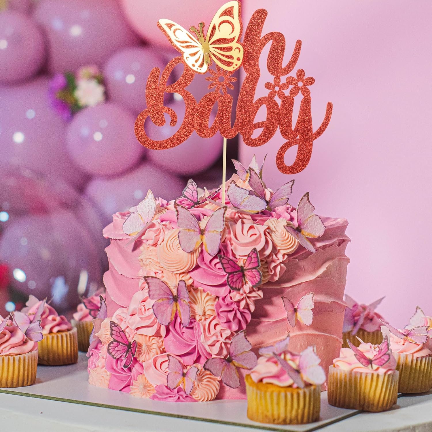 Gyufise 1 pieza de mariposa Oh Baby Cake Topper Glitter Baby Shower Butterfly Cake Pick para revelación de género Baby Shower Niños fiesta de