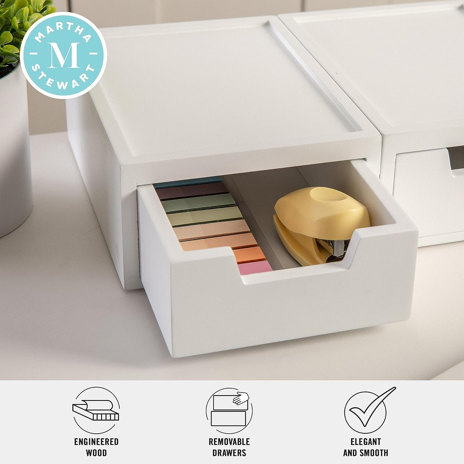 Martha Stewart Weston – Cajas de almacenamiento apilables de madera con cajones extraíbles, organizadores de almacenamiento de madera de ingeniería,