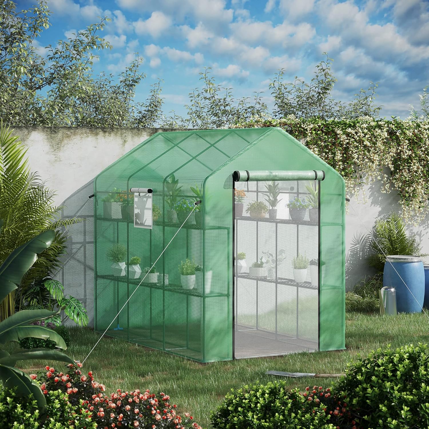 Outsunny Invernadero de 7 x 5 x 6 pies con puerta y ventanas de malla, 18 estantes con enrejado, etiquetas para plantas, protección UV para cultivar