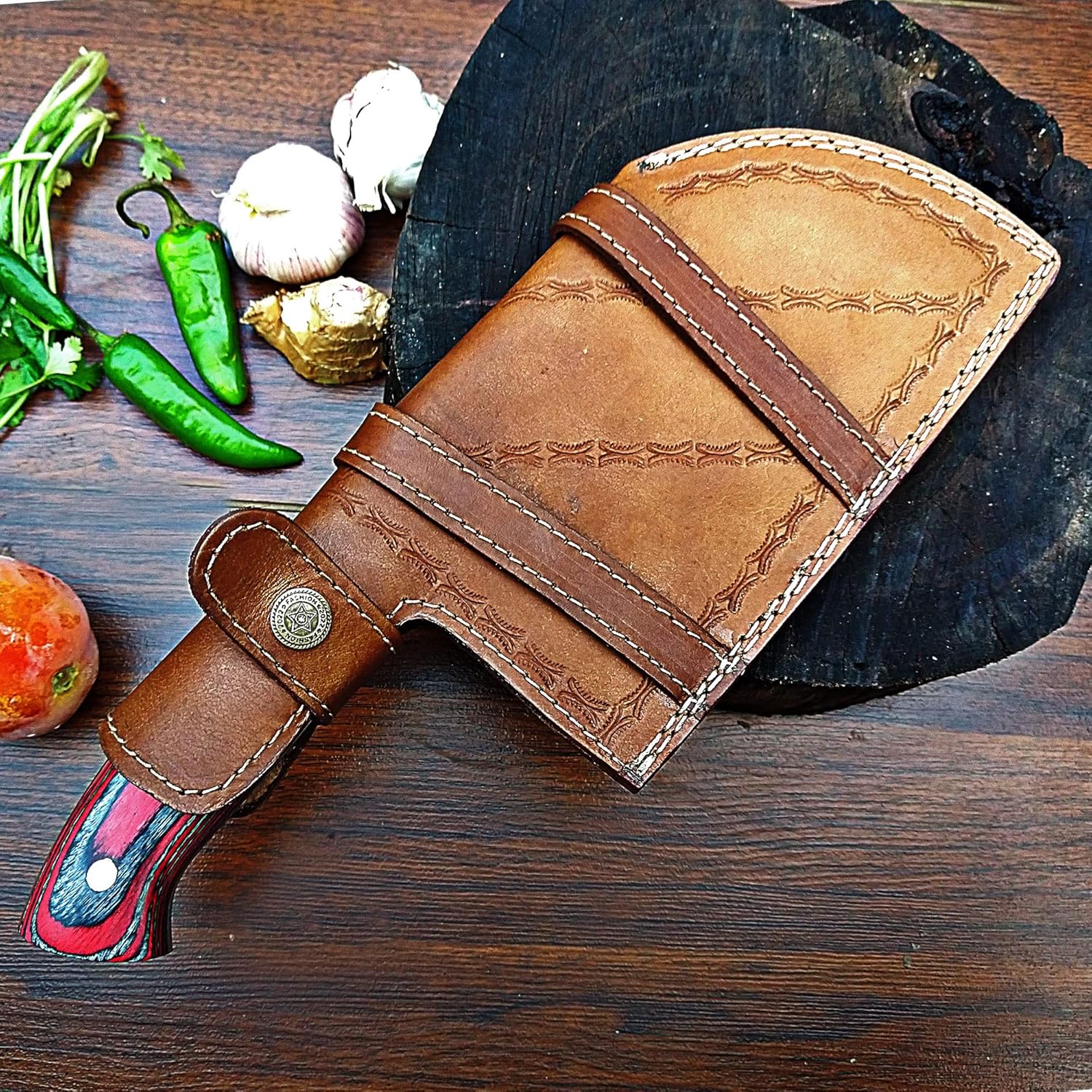 ColdLand – Cuchillo de carnicero de alto carbono, cuchillo de carnicero forjado a mano, cuchillo de cortar verduras con funda de cuero para cocina,