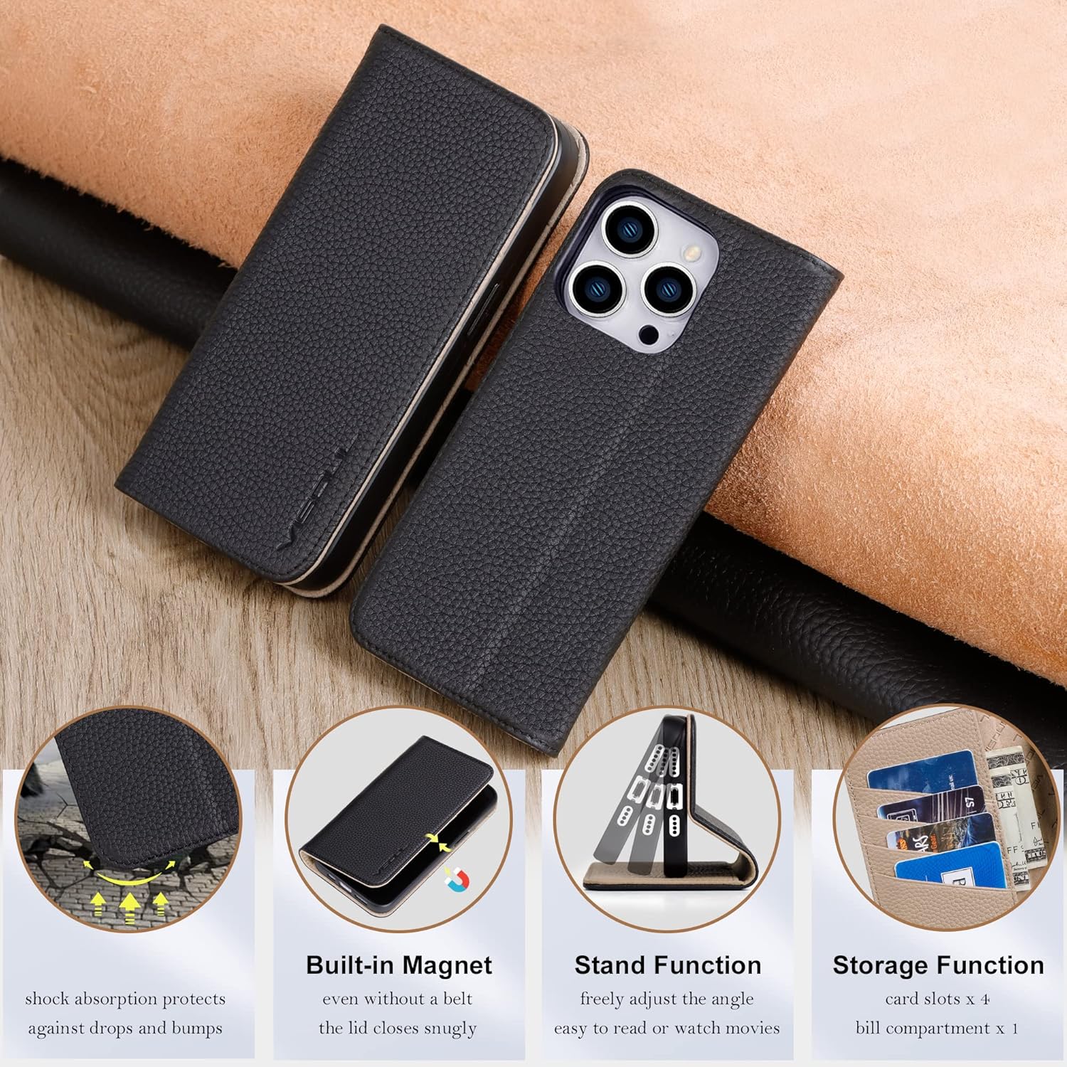 VISOUL Pebbled – Funda de piel auténtica para iPhone 15 Pro Max con soporte para tarjetas, funda magnética con función atril para iPhone 15 Pro Max