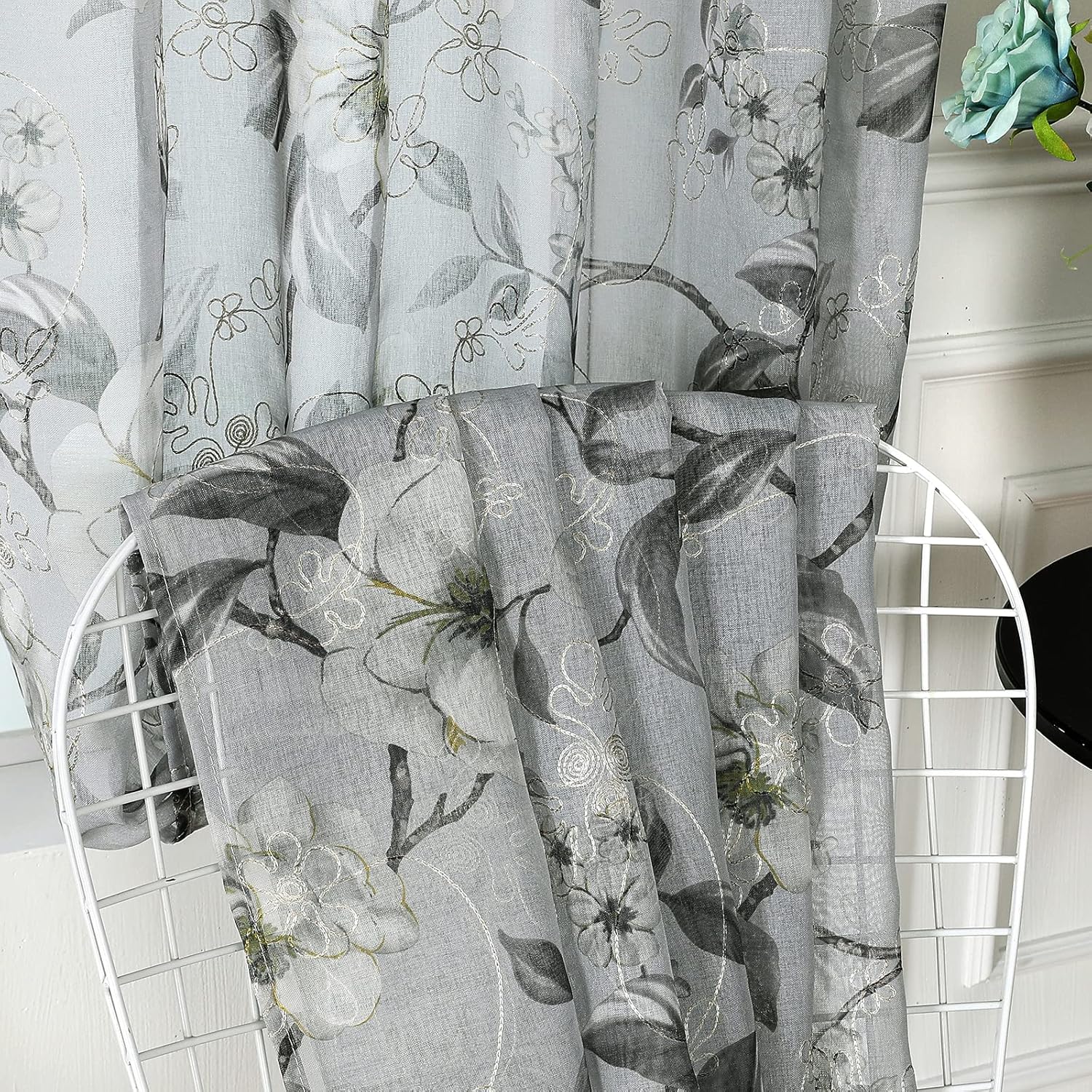 Tollpiz – Cortinas de gasa transparentes, hechas de lino sintético, bordadas, con diseño de hojas y flores, para dormitorio o sala de estar, juego
