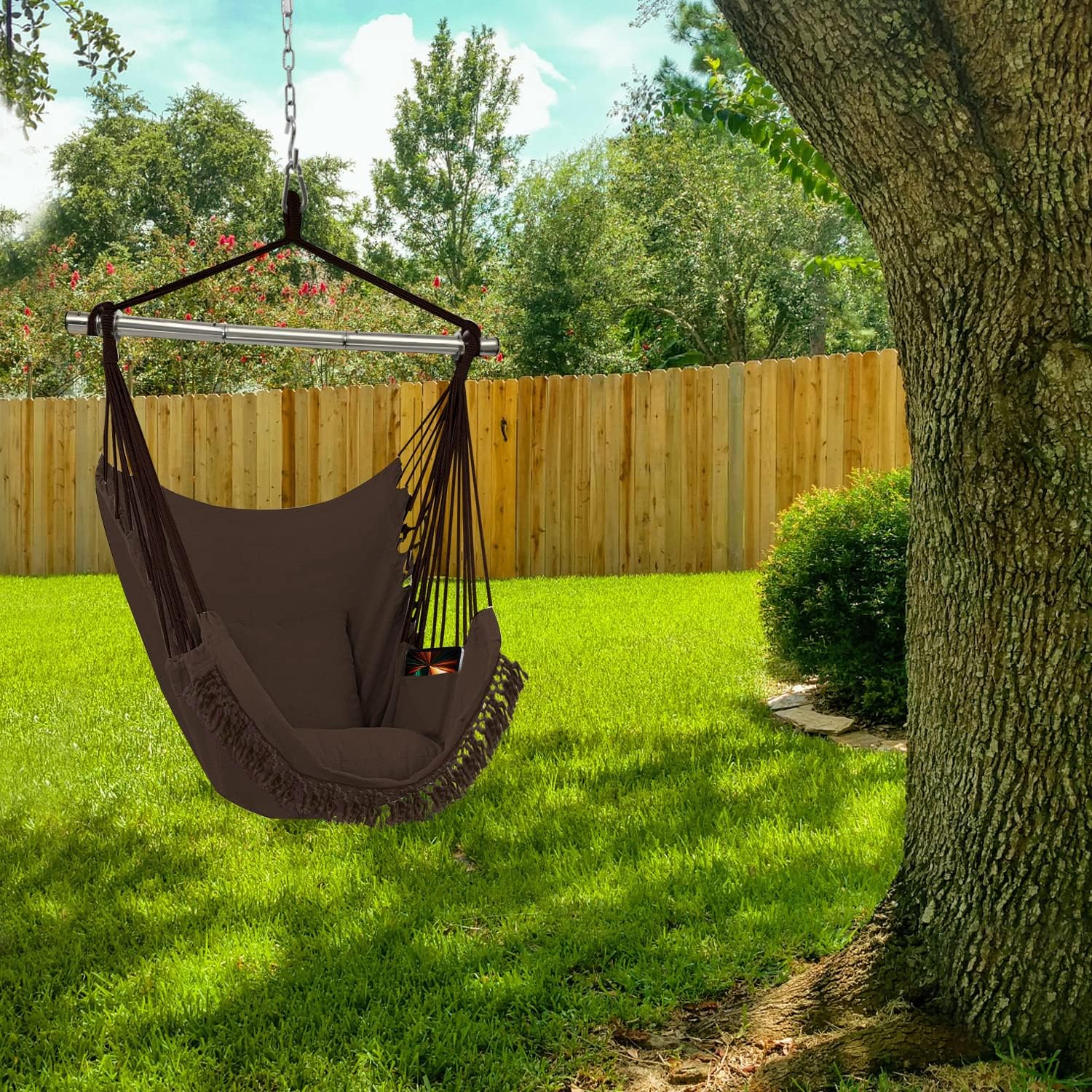 Gold Armour Silla hamaca colgante con cuerda de hasta 500 libras, 2 cojines de asiento incluidos, silla colgante con tejido de algodón de calidad de