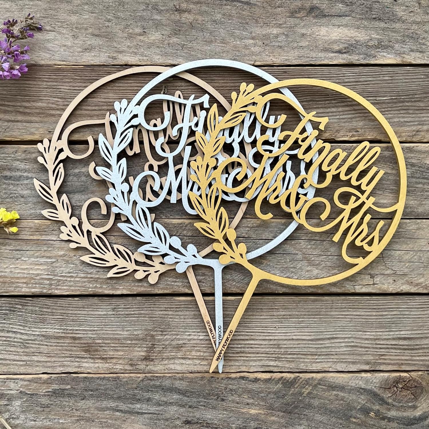 Finally Mr and Mrs Wedding – Decoración de madera para pastel de boda, color dorado y plateado (sin pintar)