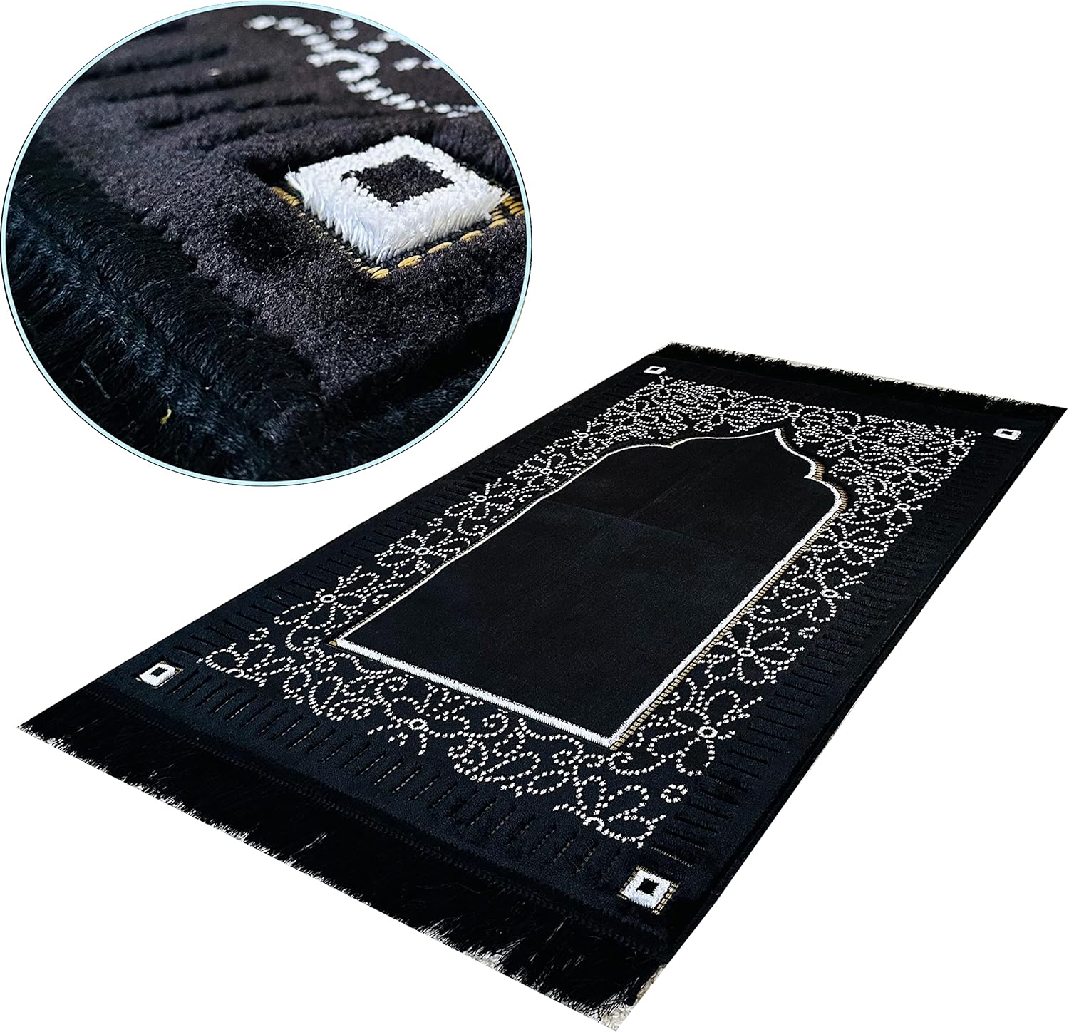 Mihrab – Tapete de oración de terciopelo de lujo original, 26.46 oz de peso, fabricado en Turquía, color negro