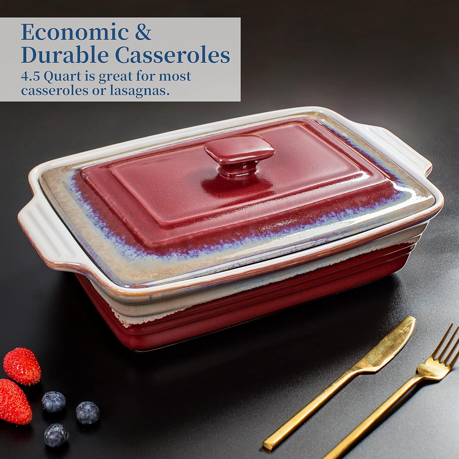 LOVECASA Plato para hornear profundo de 4.5 cuartos de galón con tapa, cacerola rectangular de cerámica de 9 x 13 pulgadas con tapa, sartenes