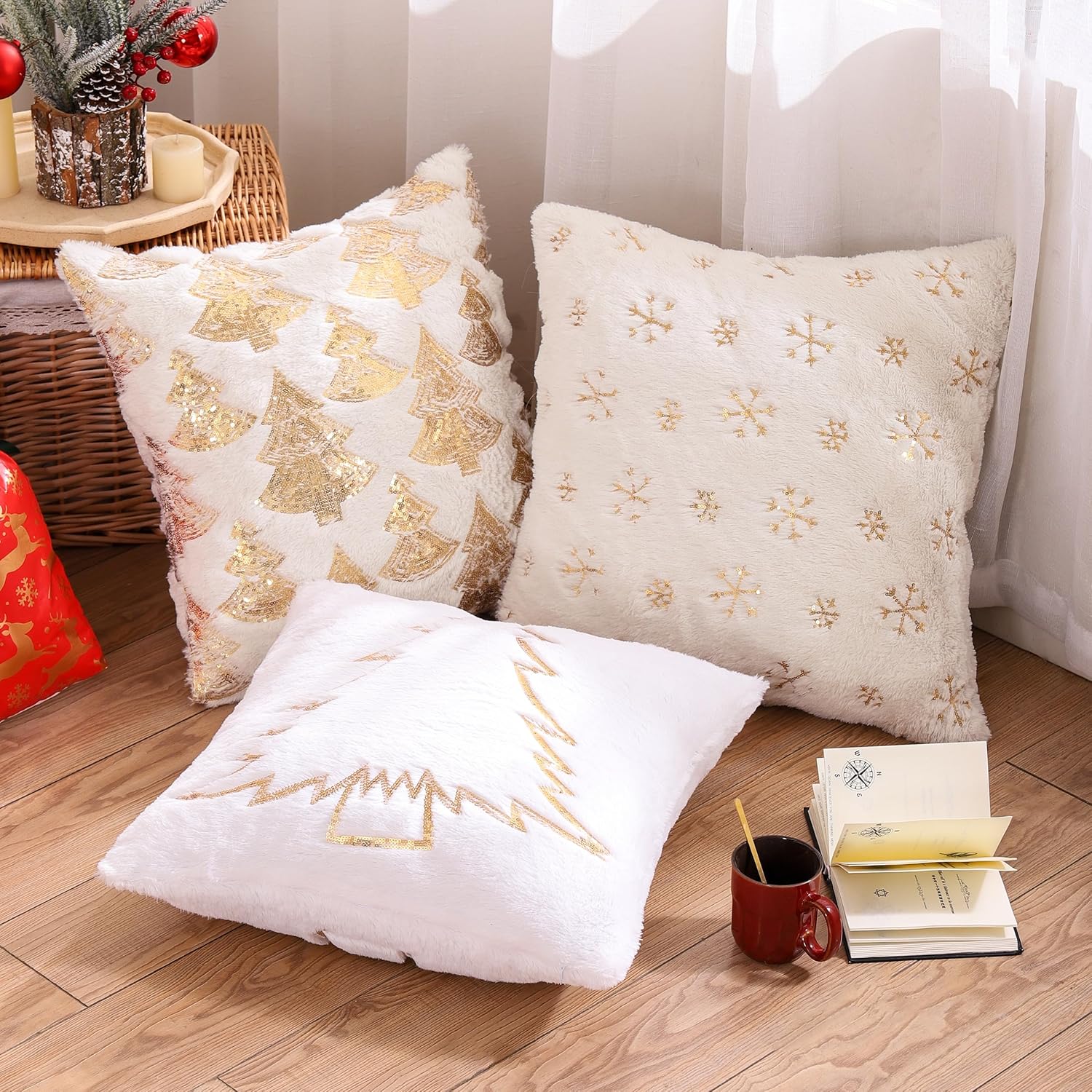 Fundas de almohada de Navidad de 18 x 18 pulgadas, juego de 2 múltiples fundas de almohada de lentejuelas para árbol de Navidad, fundas de almohada