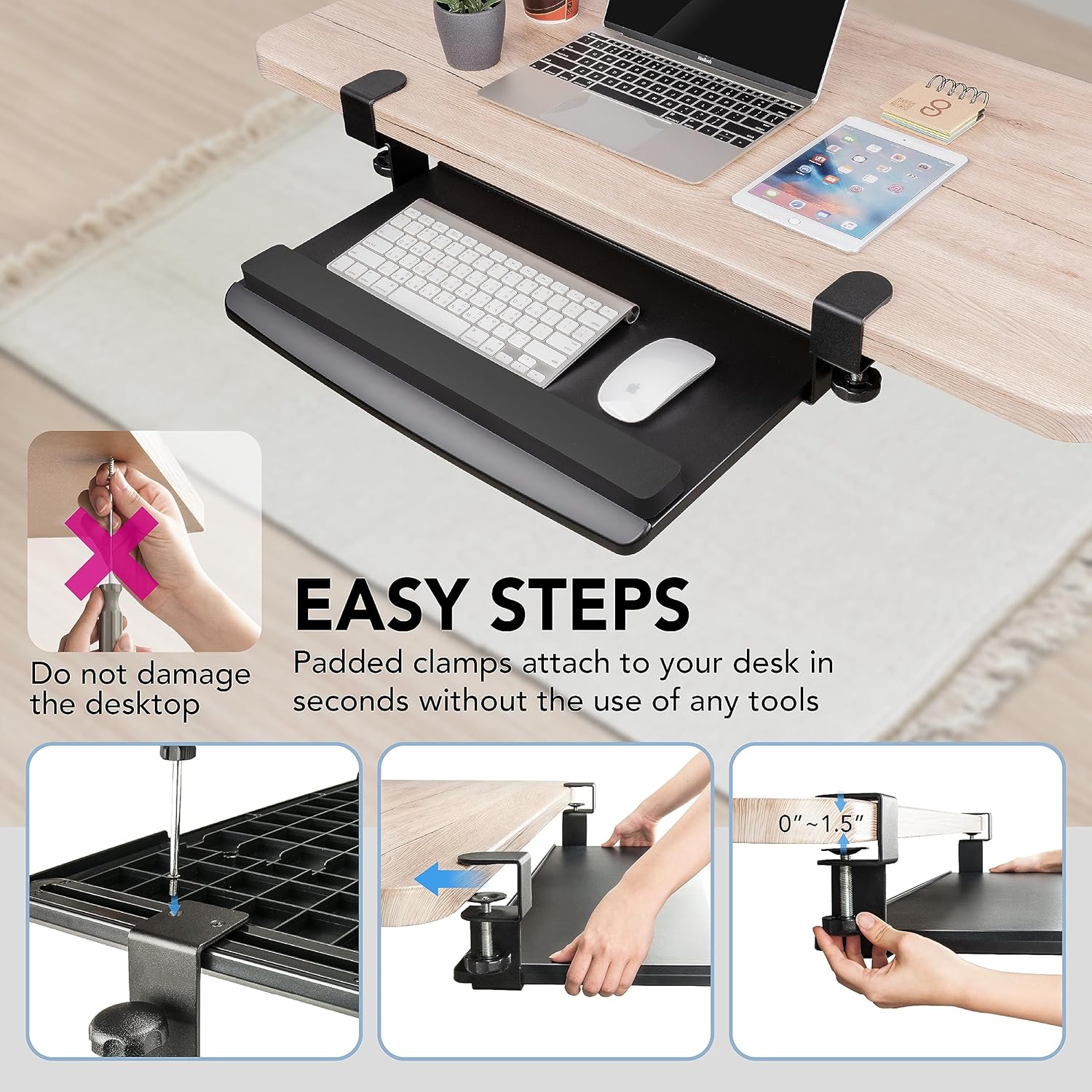 EHO Bandeja de teclado ajustable retráctil con abrazadera, bandeja ergonómica para teclado debajo del escritorio, fácil instalación sin