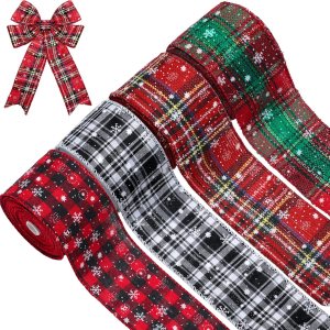 4 rollos de cinta de Navidad a cuadros de búfalo de Navidad, cinta de copo de nieve, cinta de Navidad con alambre para decoración de envoltura de 4 rollos de cinta de Navidad a cuadros de búfalo de Navidad, cinta de copo de nieve, cinta de Navidad con alambre para decoración de envoltura de