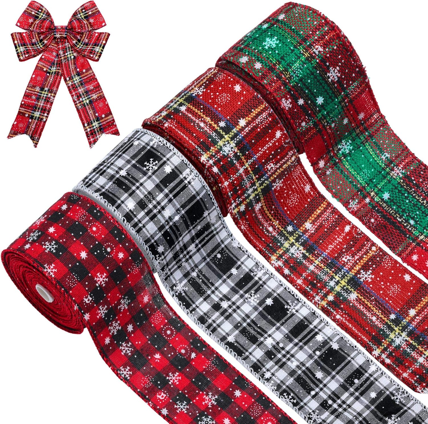 4 rollos de cinta de Navidad a cuadros de búfalo de Navidad, cinta de copo de nieve, cinta de Navidad con alambre para decoración de envoltura de