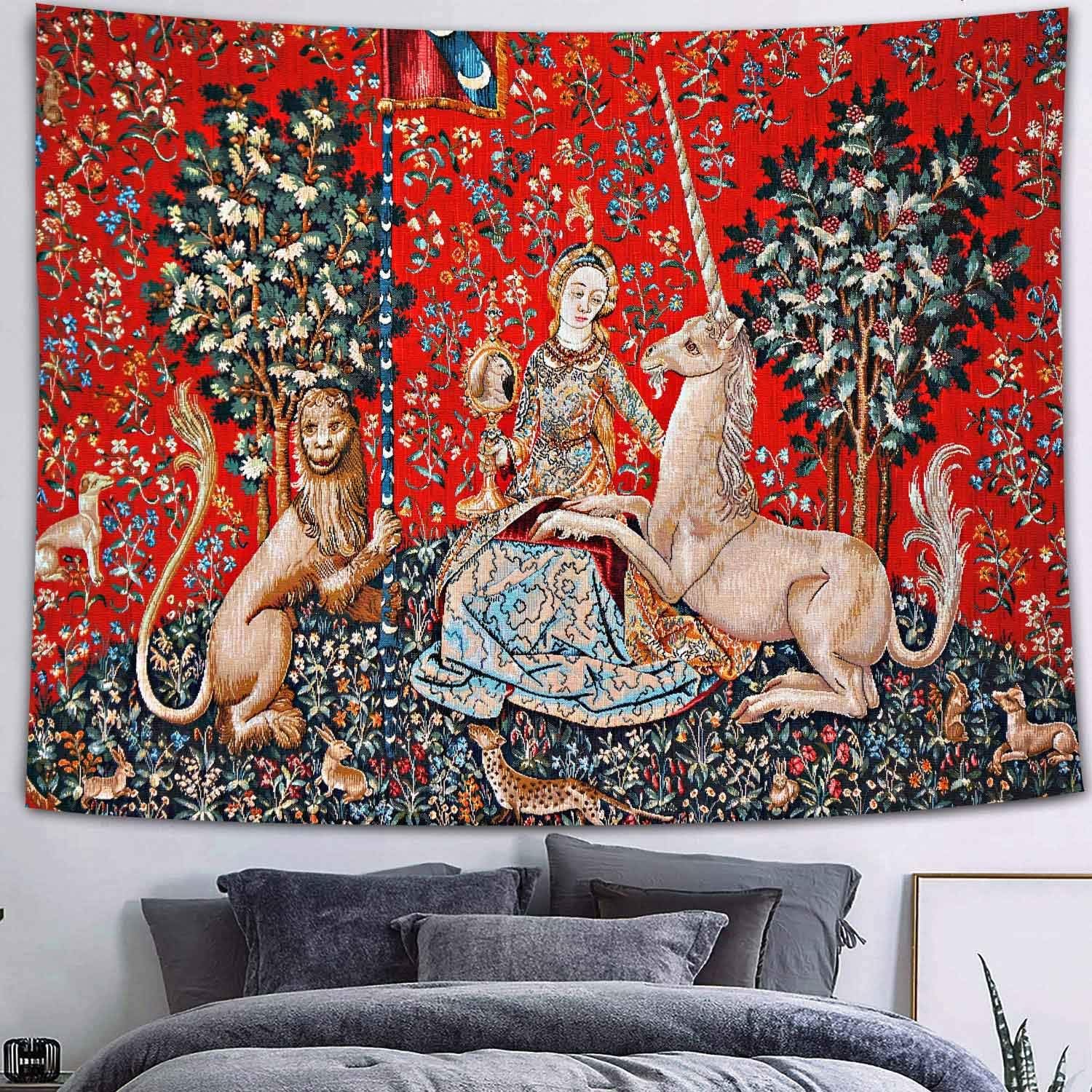 FEASRT Tapiz medieval de princesa europeo, tapiz real de La doncella y el unicornio, 80 x 60 pulgadas, para dormitorio, sala de estar, dormitorio,