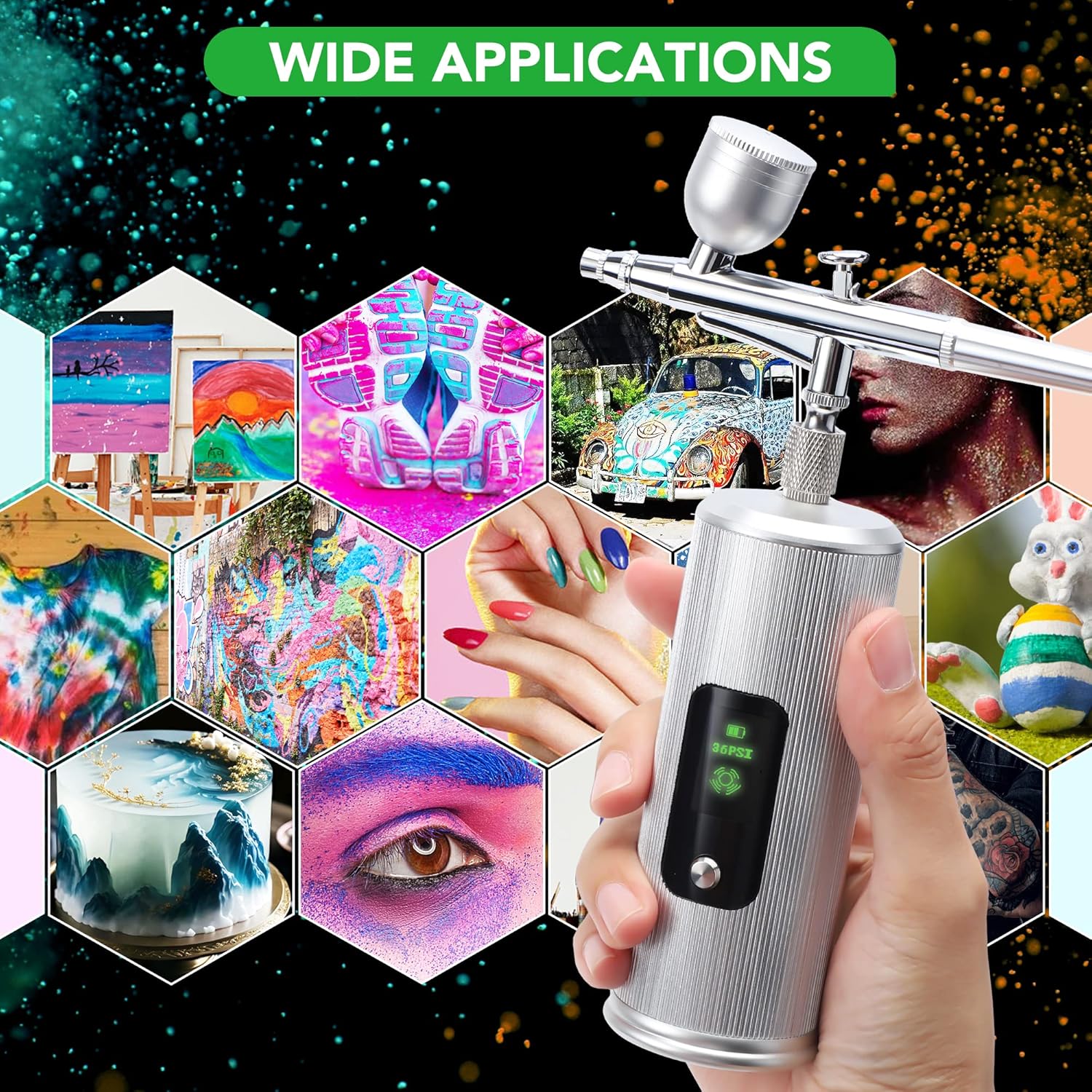ANUINIT Kit de aerógrafo de 36 PSI con compresor, modo de doble acción, pantalla LCD, aerógrafo de mano inalámbrico para uñas, pasteles, maquillaje,