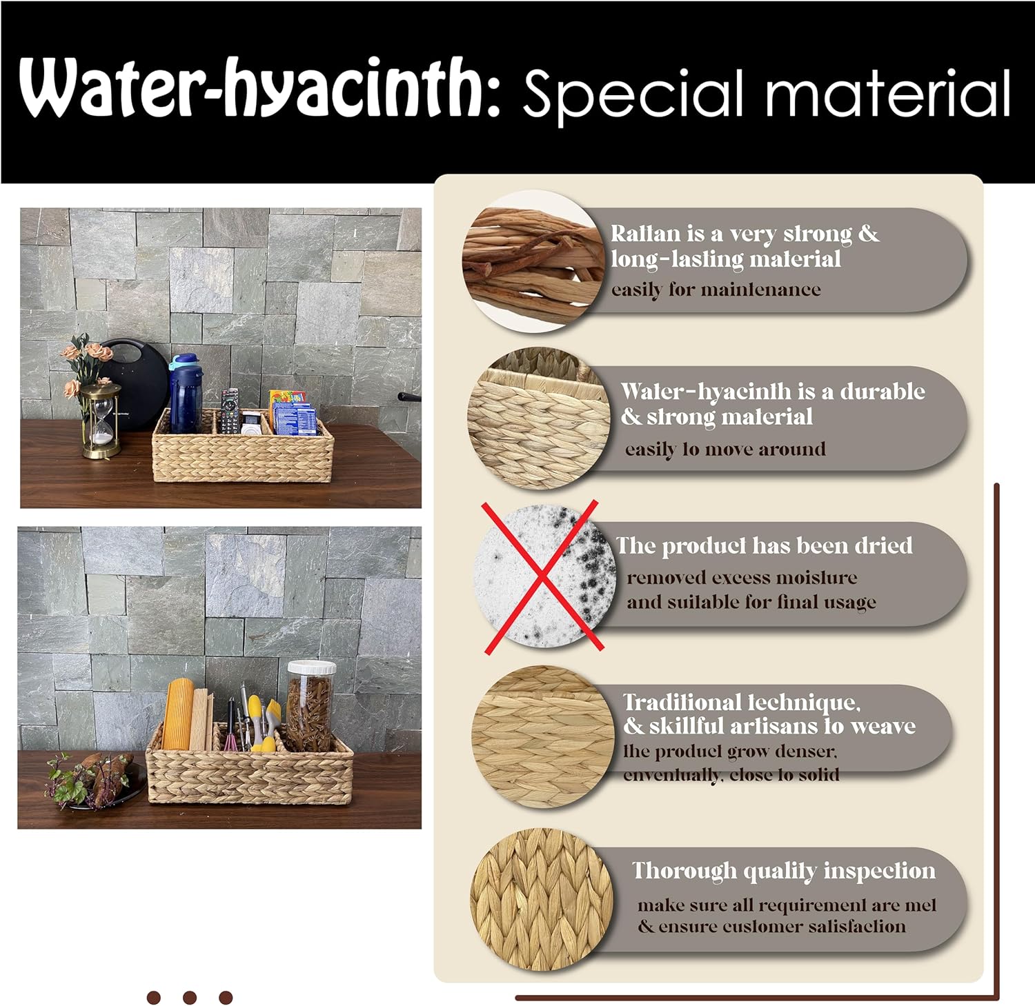 HORPRES Juego de 2, cestas de almacenamiento de jacinto de agua tejidas de 3 secciones  Cestas de mimbre para estantes (color natural) (tamaño