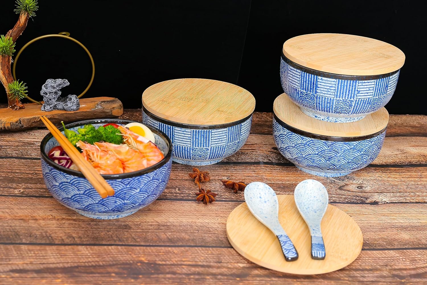 Juego de tazones de cerámica japoneses para ramen, cuencos de sopa grandes de 31 onzas con palillos y cuchara para Pho Udon Soba asiática (patrón