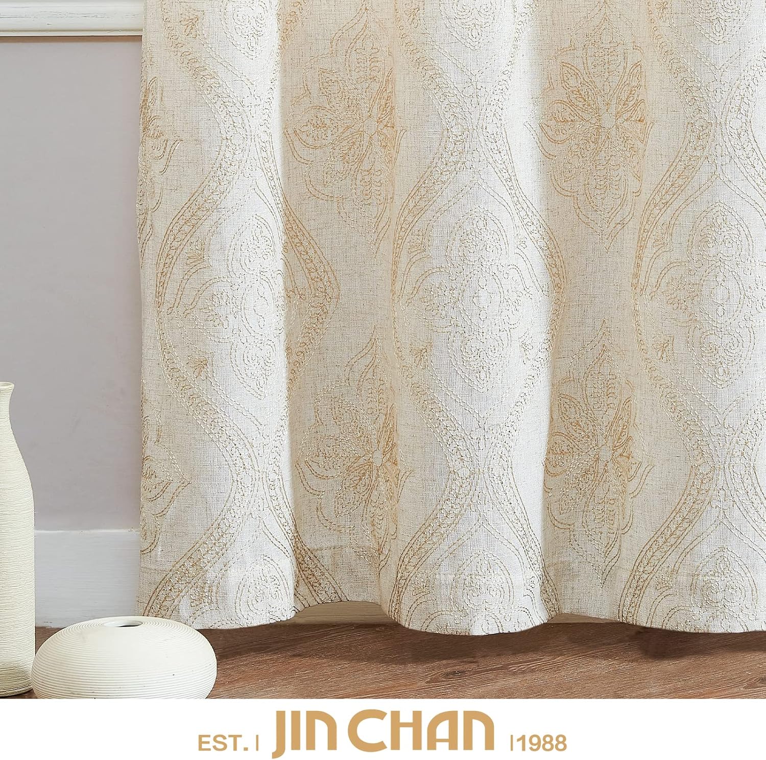 Jinchan – Cortinas de lino con textura para sala, diseño bordado para ventana, privacidad, juego para ventana, para dormitorio, con ojales en la