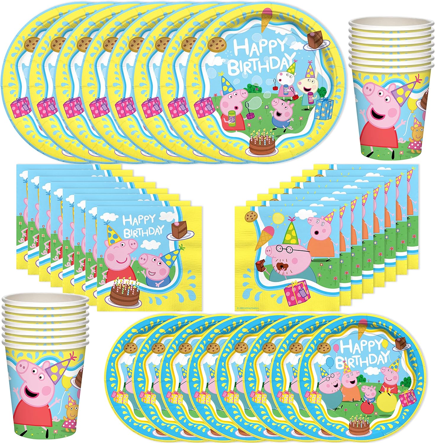 Treasures Gifted Suministros para fiesta de cumpleaños con licencia oficial de Peppa Pig, sirve para 24 invitados, juego clásico de vajilla –
