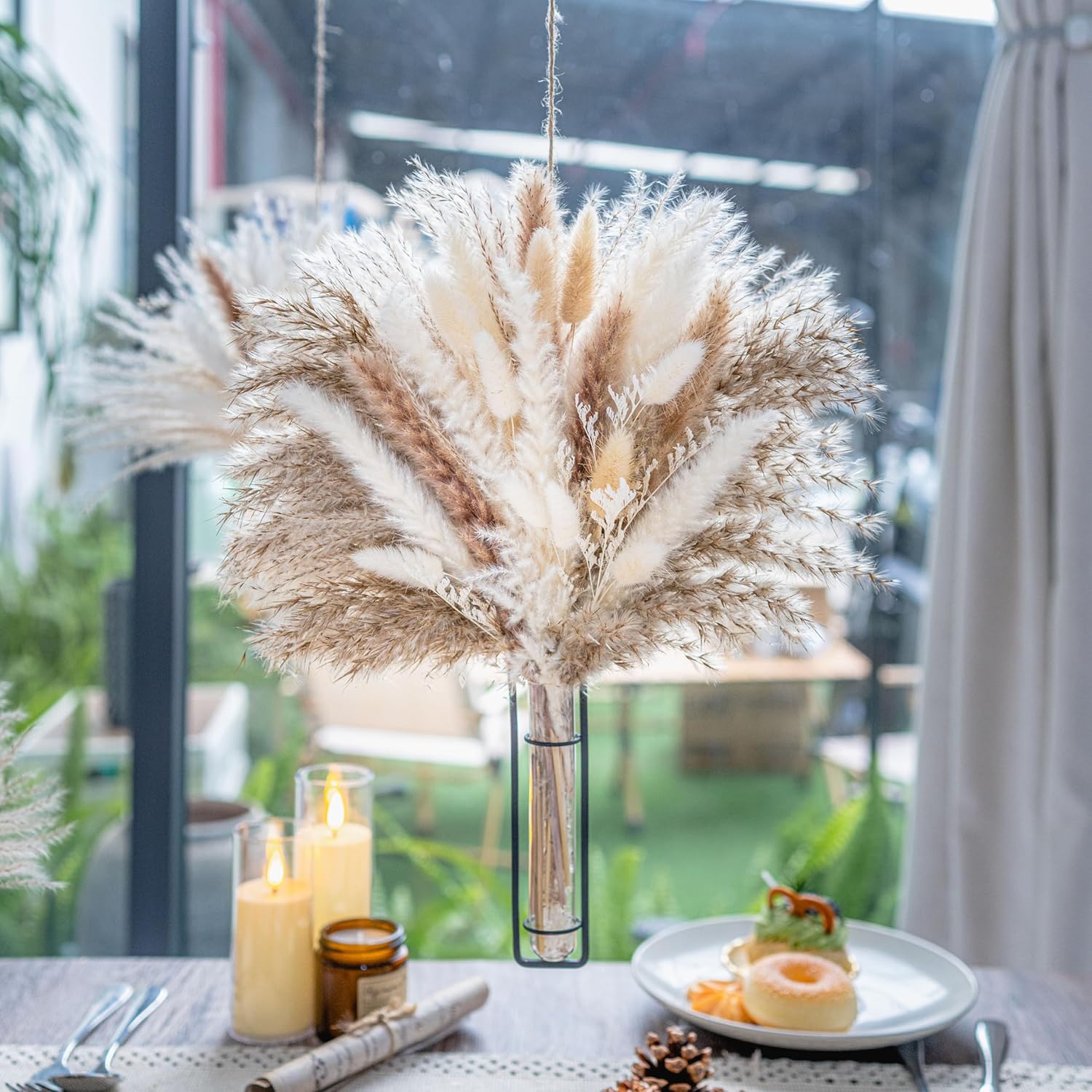 Ramo de hierba natural de las pampas + jarrón colgante  Arreglo floral seco bohemio centro de mesa, decoración de boda, decoración rústica (70