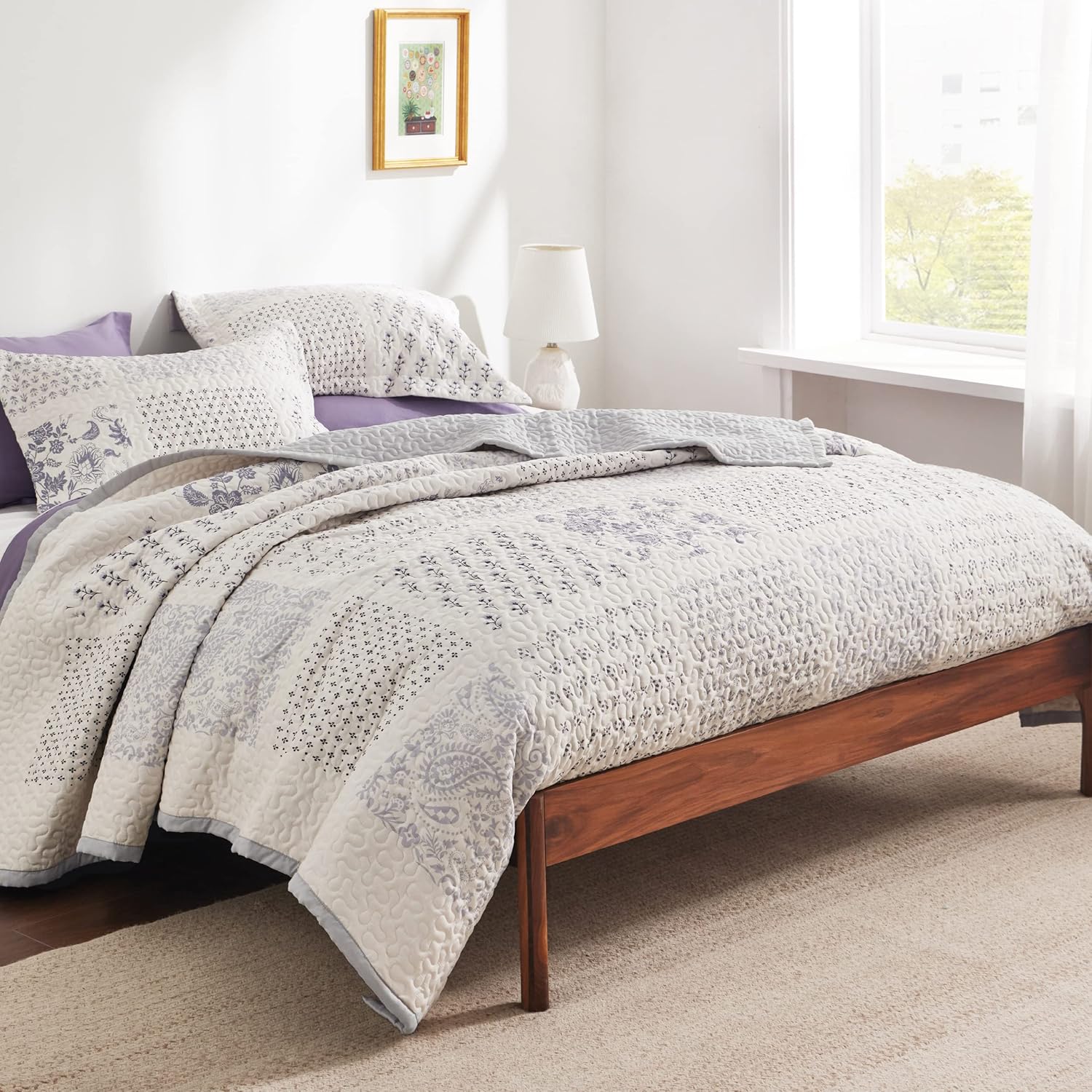 Bedsure Juego de edredón de retazos tamaño King, juego de ropa de cama de edredón beige y gris, colcha ligera de 3 piezas, colcha de microfibra con