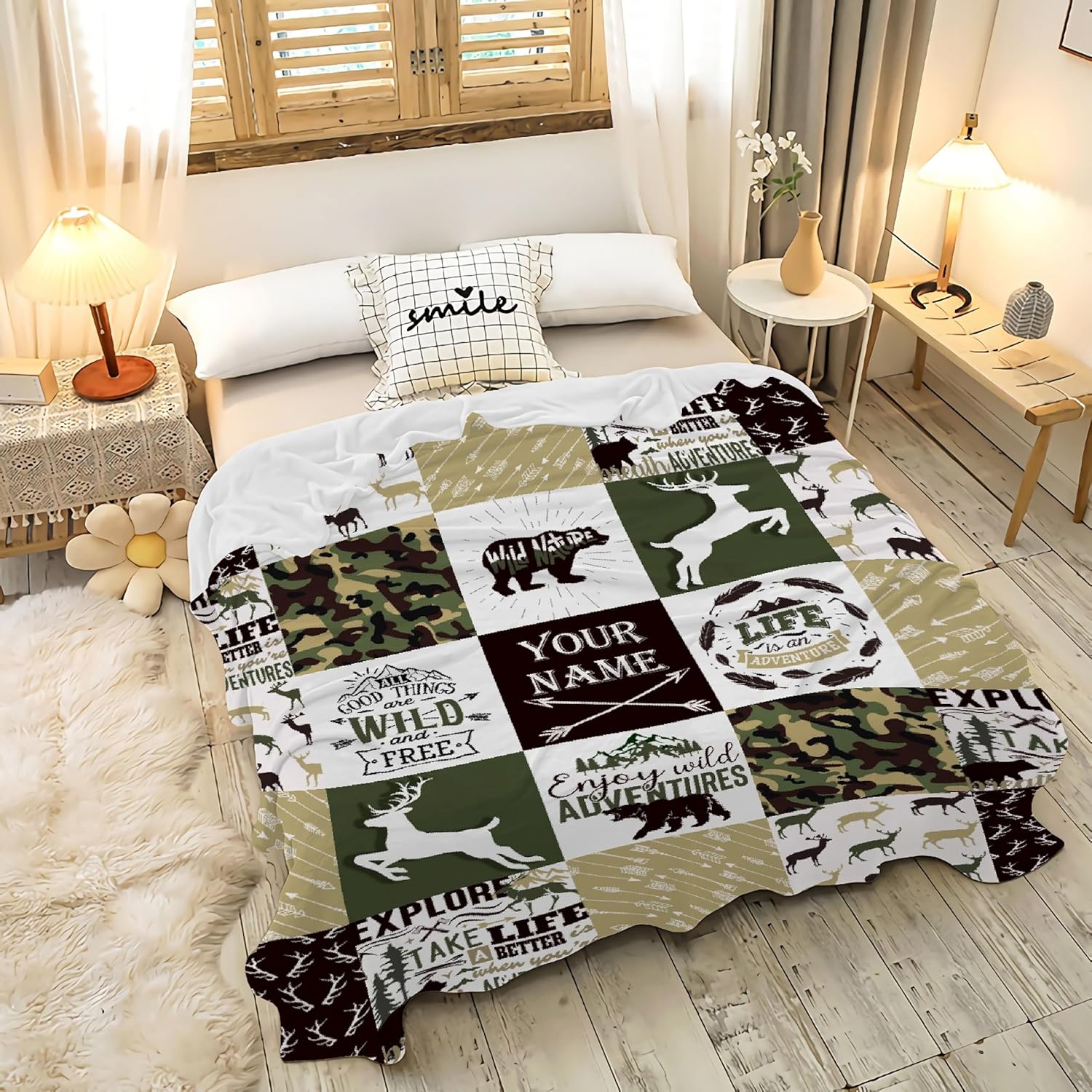Manta personalizada con diseño de aventura en el bosque, manta personalizada con diseño de oso de ciervos, camuflado, para caza de ciervos, para
