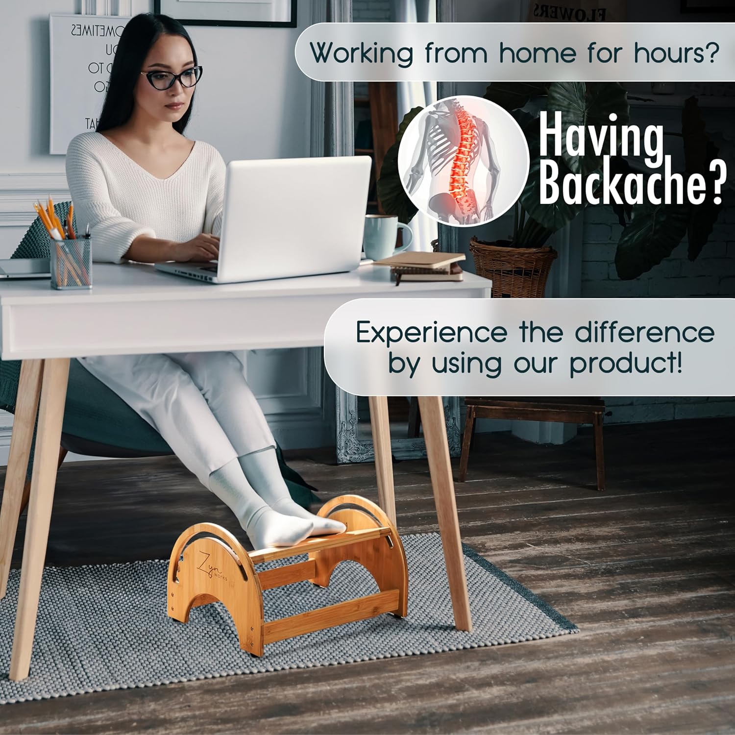 Zyn works Taburete ajustable para debajo del escritorio con rodillo de masaje, reposapiés debajo del escritorio para oficina y trabajo desde casa,