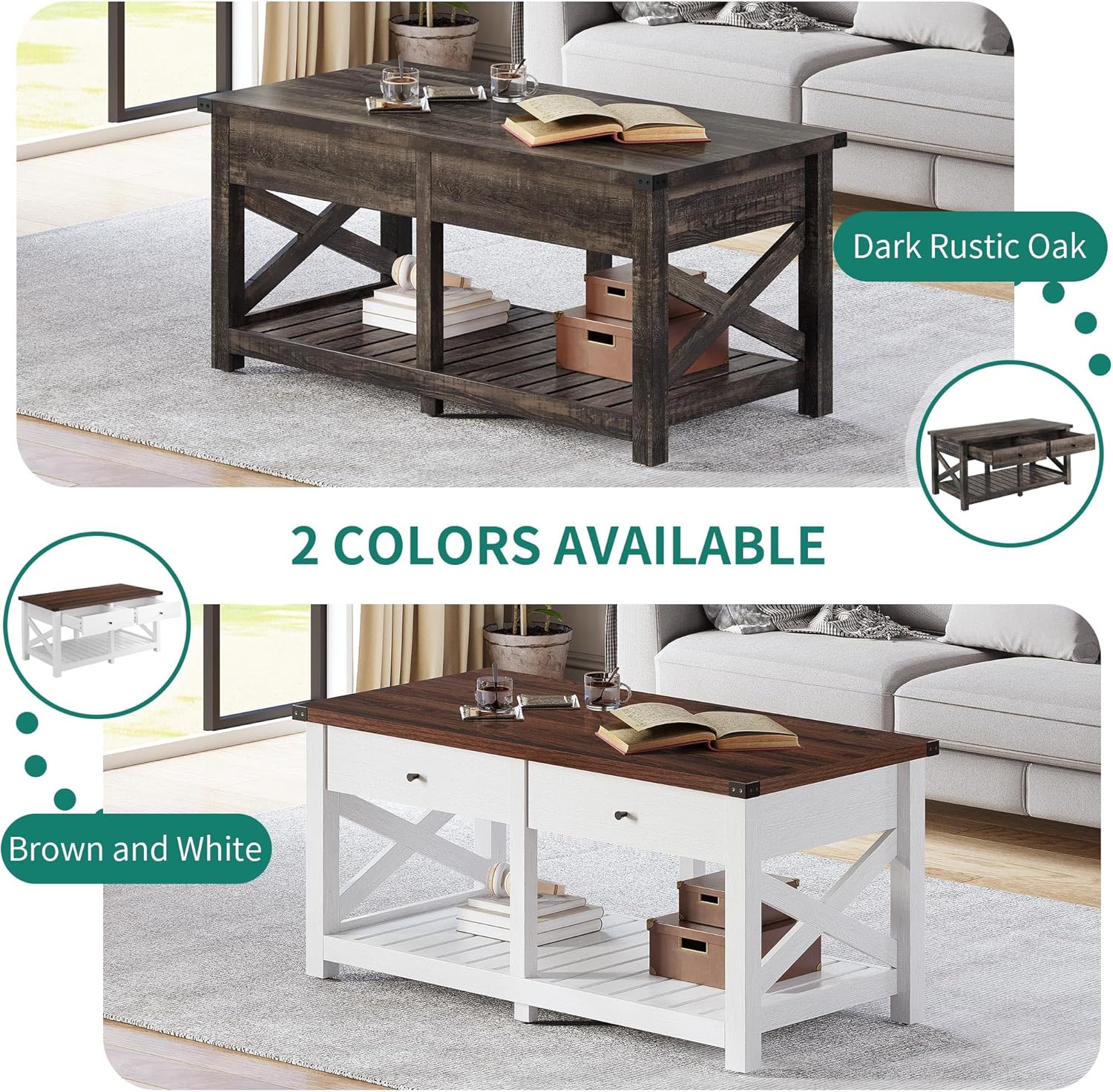 YITAHOME Mesas de centro para sala de estar, mesa de centro de granja con almacenamiento, mesa de cóctel rústica de madera con 2 gabinetes, mesa
