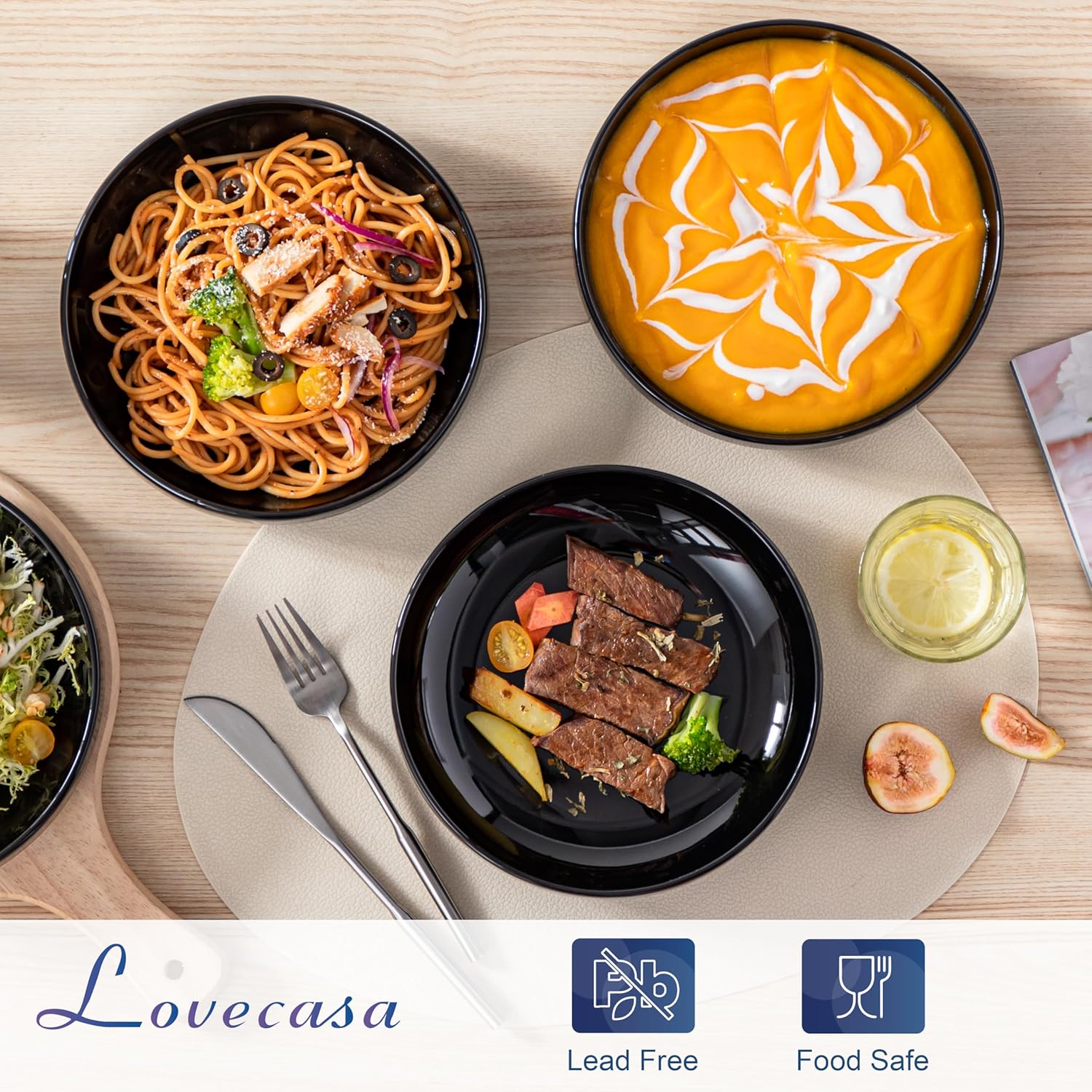 LOVECASA Tazones para pasta, 34 onzas, juego de 4 cuencos de ensalada, platos de cerámica de 8.1 pulgadas para cocina, cena, sopa, microondas,