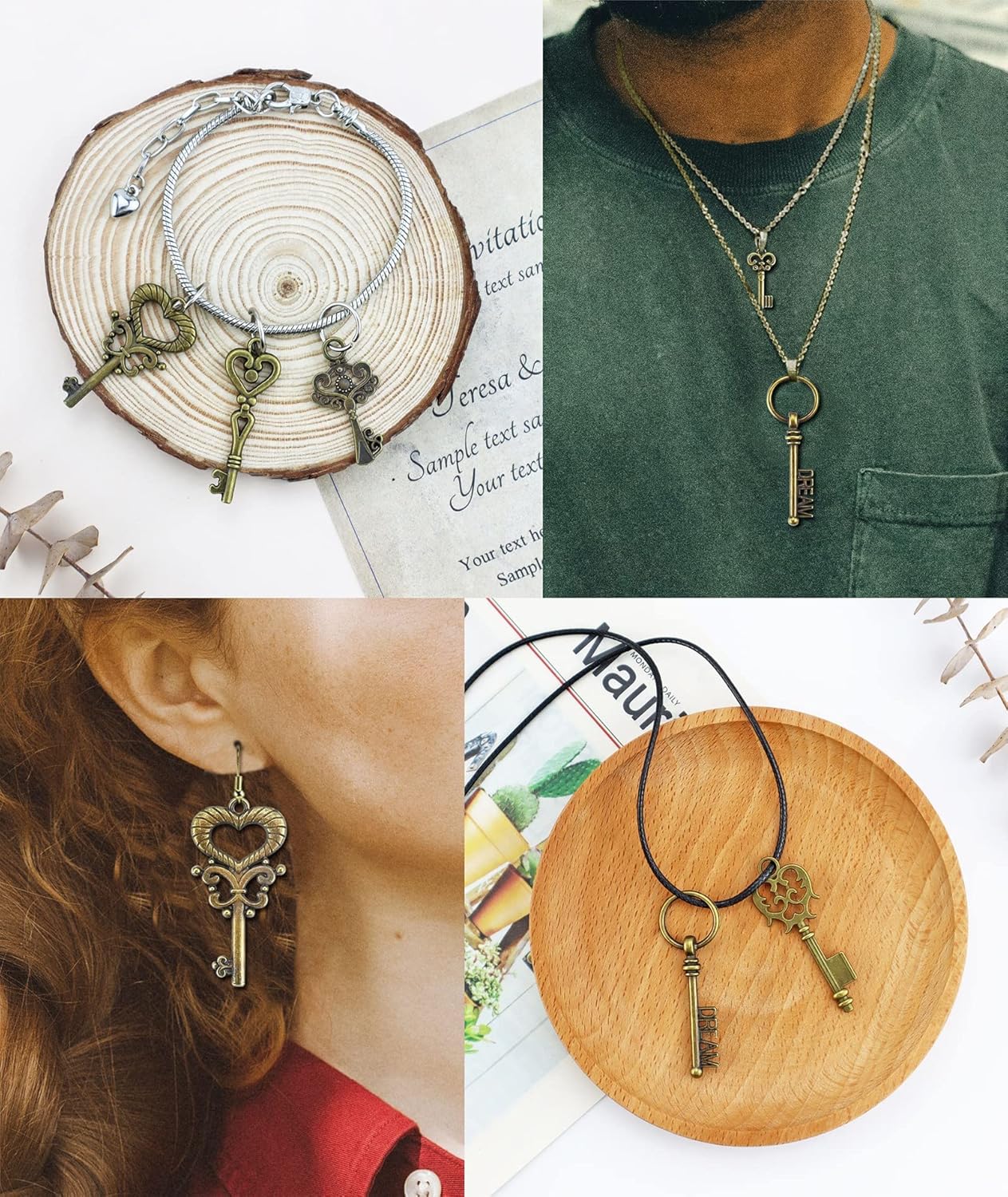 JIALEEY Dijes para llaves de esqueleto vintage, 23 tipos de 46 dijes de bronce antiguo para collares, colgantes, suministros de fabricación de