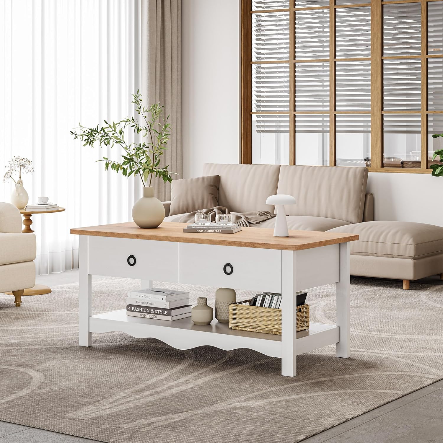 DWVO Mesa de centro rústica, mesas de centro rectangulares con estante de almacenamiento y cajones, mesa de centro de mesa de madera natural para