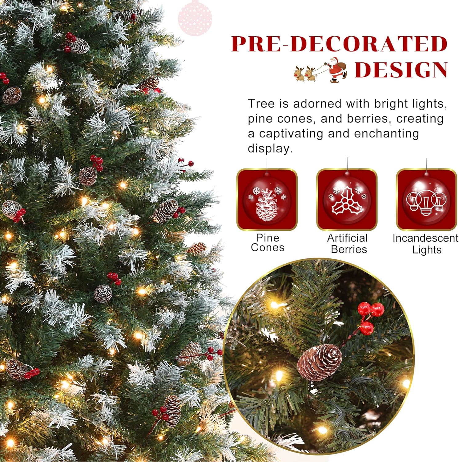 Árbol de Navidad artificial preiluminado de 6 pies con 275 luces LED, 56 conos de pino y bayas, para decoración navideña del hogar y la oficina