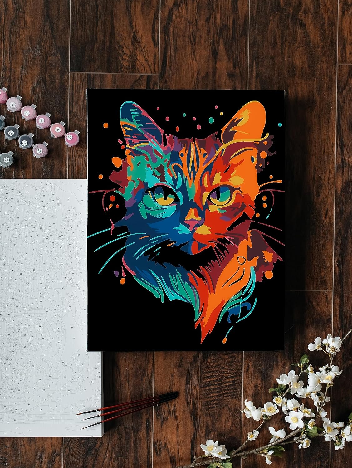 Omaart Kit de pintura por números para principiantes, lienzo enmarcado, diseño de gato de fantasía, incluye lienzo enmarcado y estirado preimpreso,