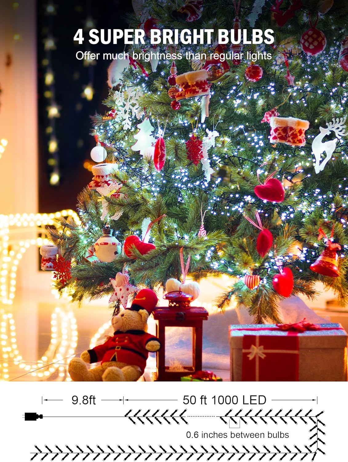 Luces de Navidad para exteriores, 1000 luces LED de 50 pies, 4 unidades, brillantes, 8 modos de temporizador, control remoto, impermeable,
