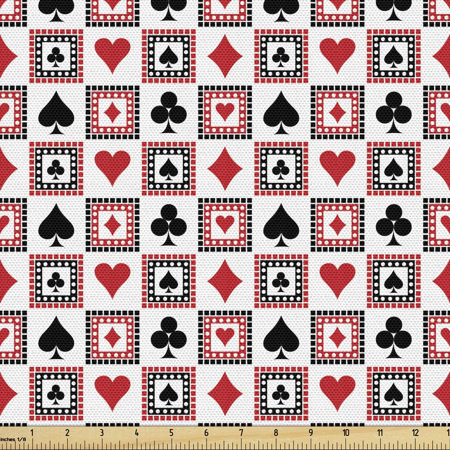 Ambesonne Tela de casino por The Yard, Playings Cards Clubs Hearts simétrica geométrica repetitiva ornamental, tela decorativa para tapicería y