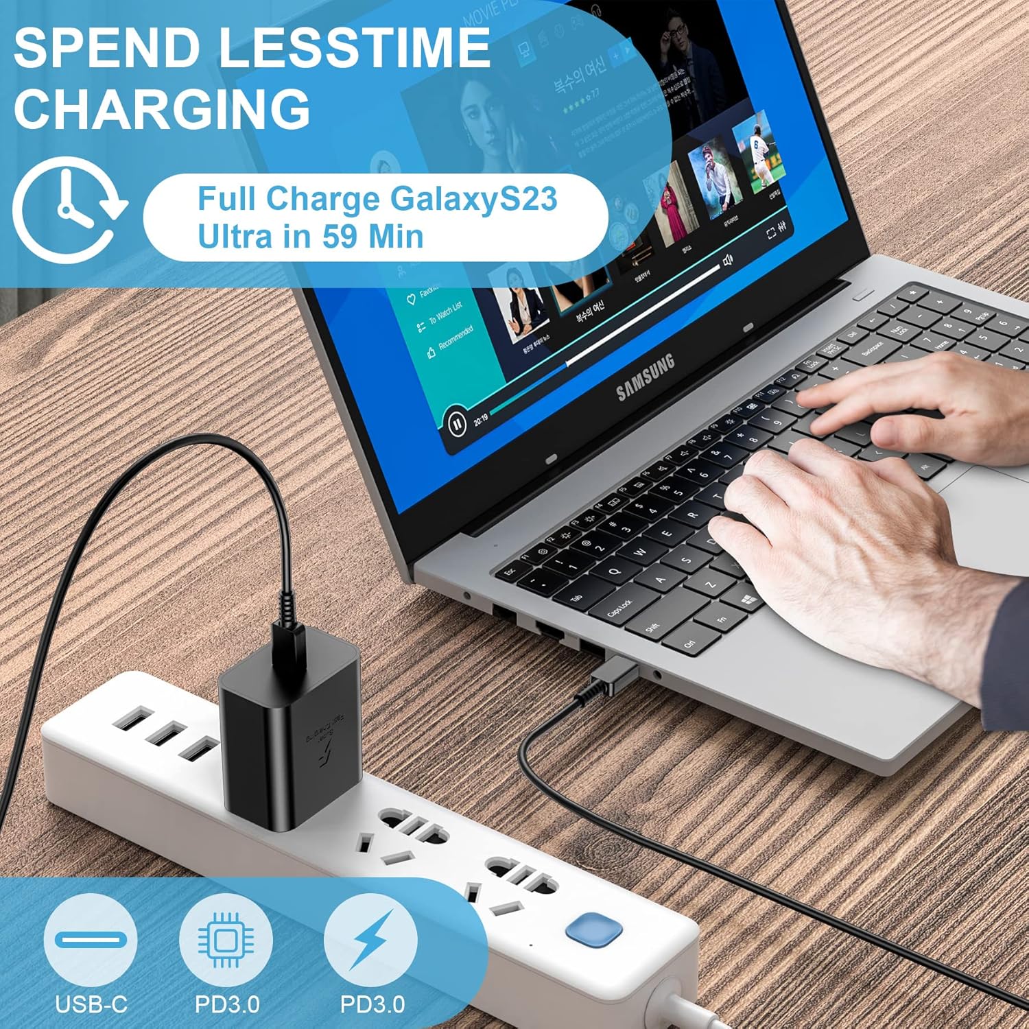 Bloque de cargador de pared USB tipo C de carga súper rápida de 45 W para Samsung Galaxy S23 UltraS23S23+S22 UltraS22+S22Note 10Note 20S20S21S10,