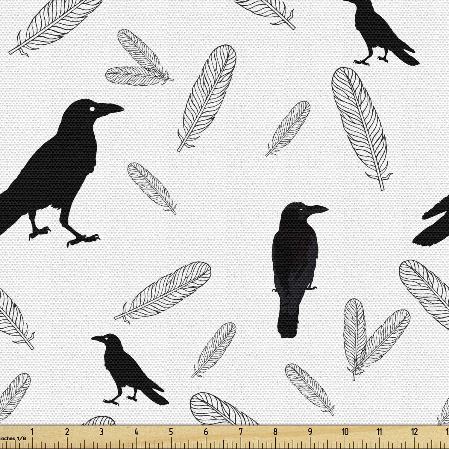 Ambesonne The Yard, tela de cuervo negro de The Yard, diseño de pájaros estilo silueta y contorno de plumas dibujadas, tela decorativa para